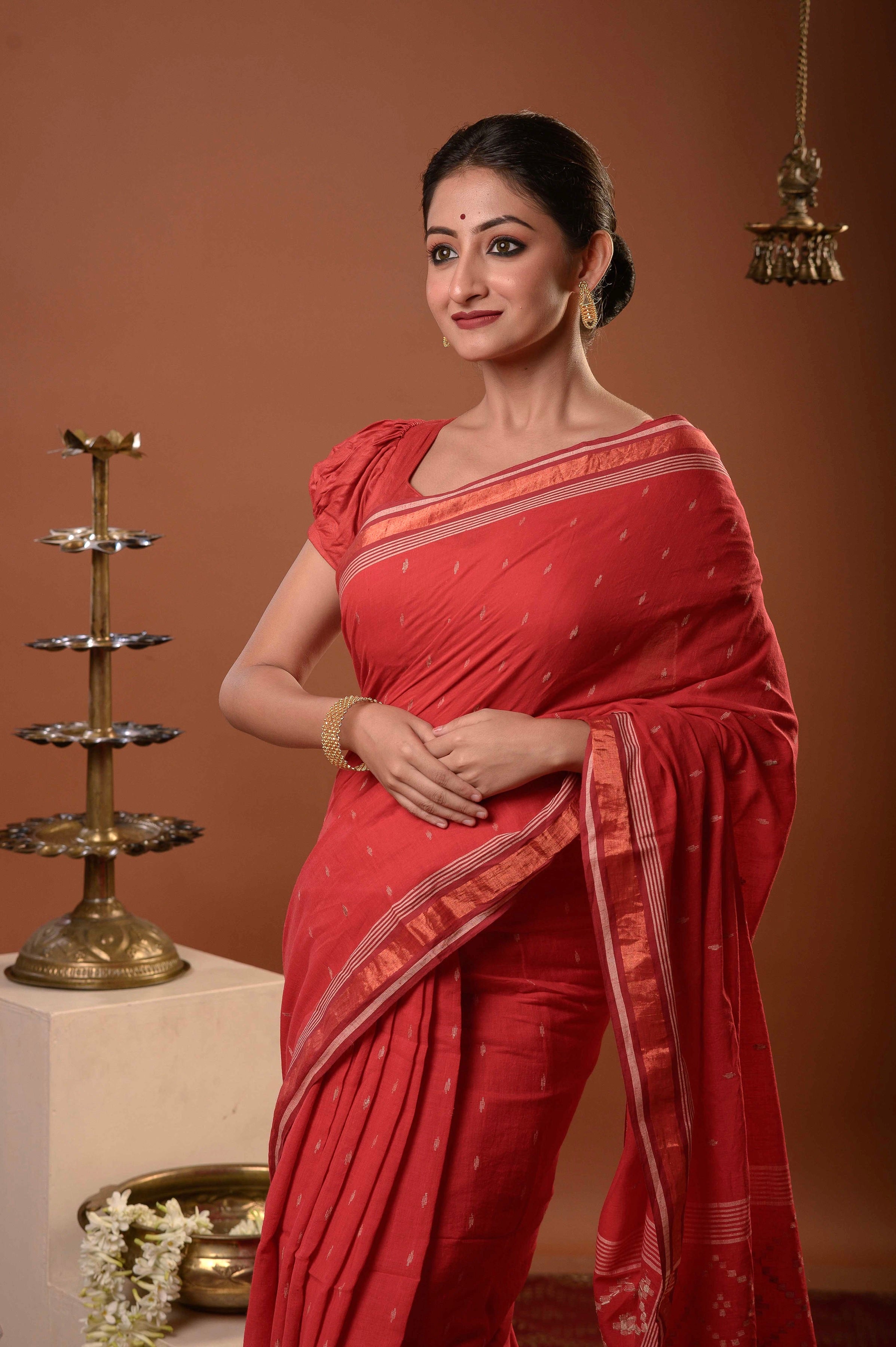 Vibha - Red Handspun Cotton Jamdani Saree