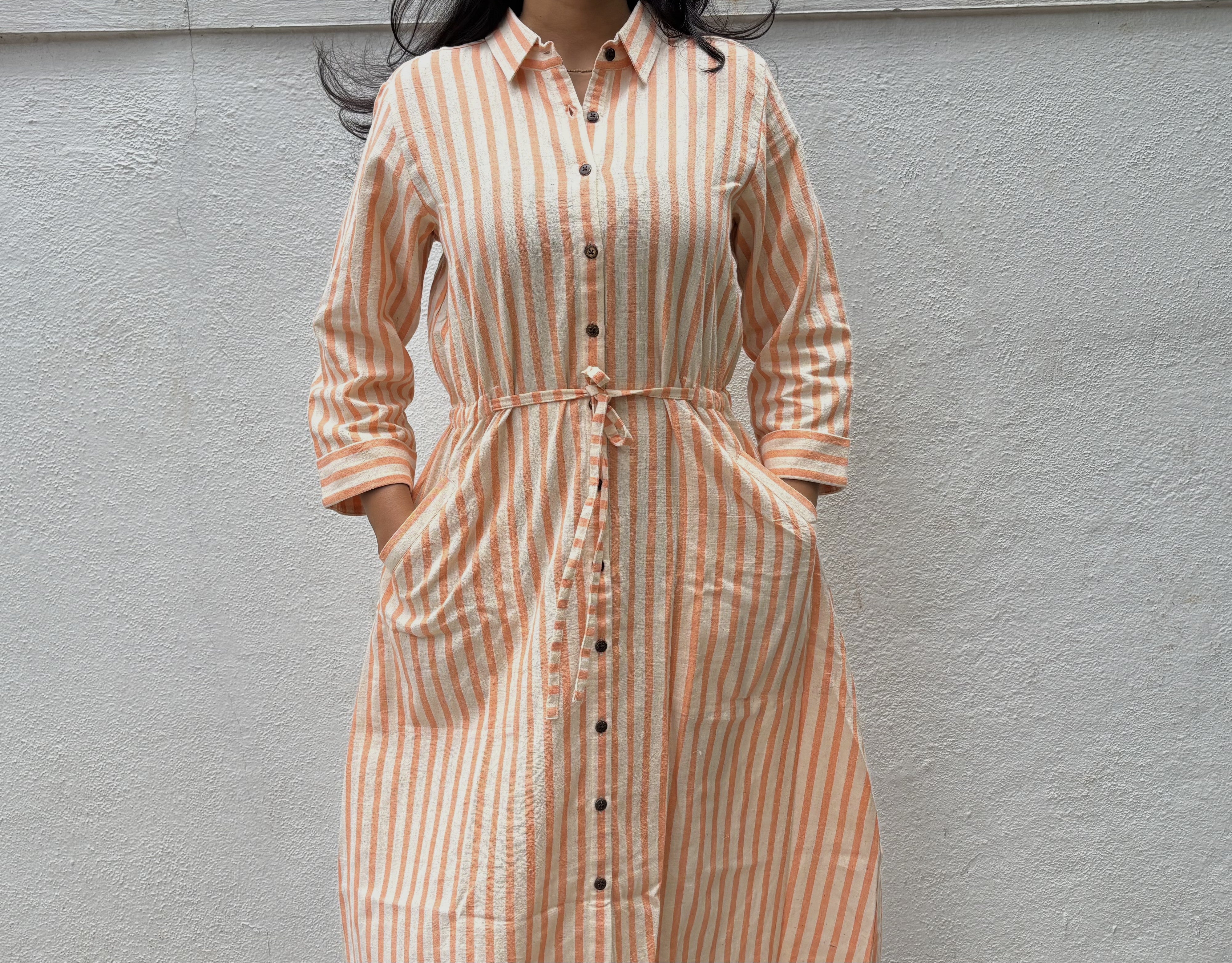 Orange-Stripe Handspun & Handwoven Liza Dress