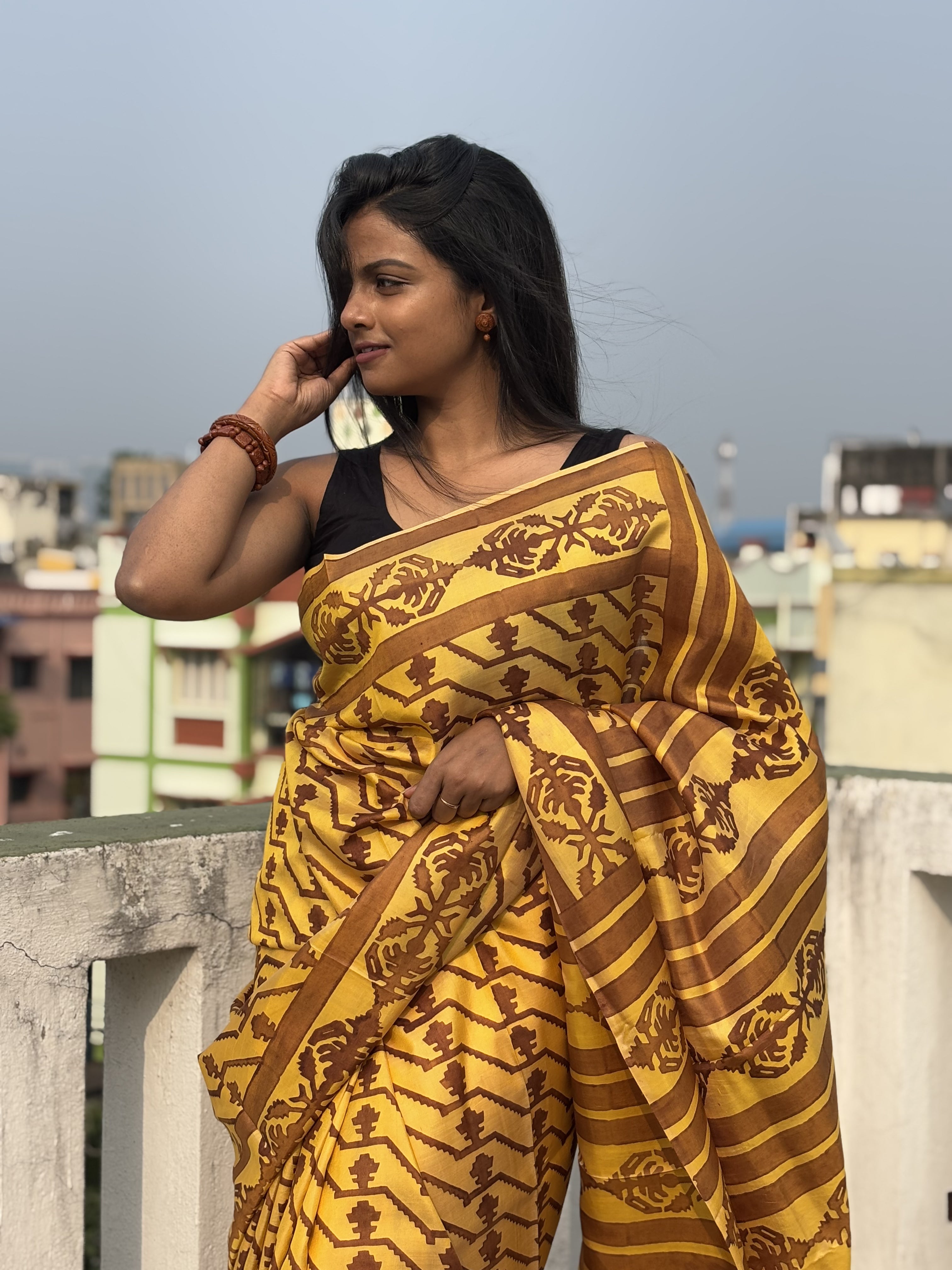 Bahar - Yellow Handblock Printed Bishnupur Katan Silk Saree