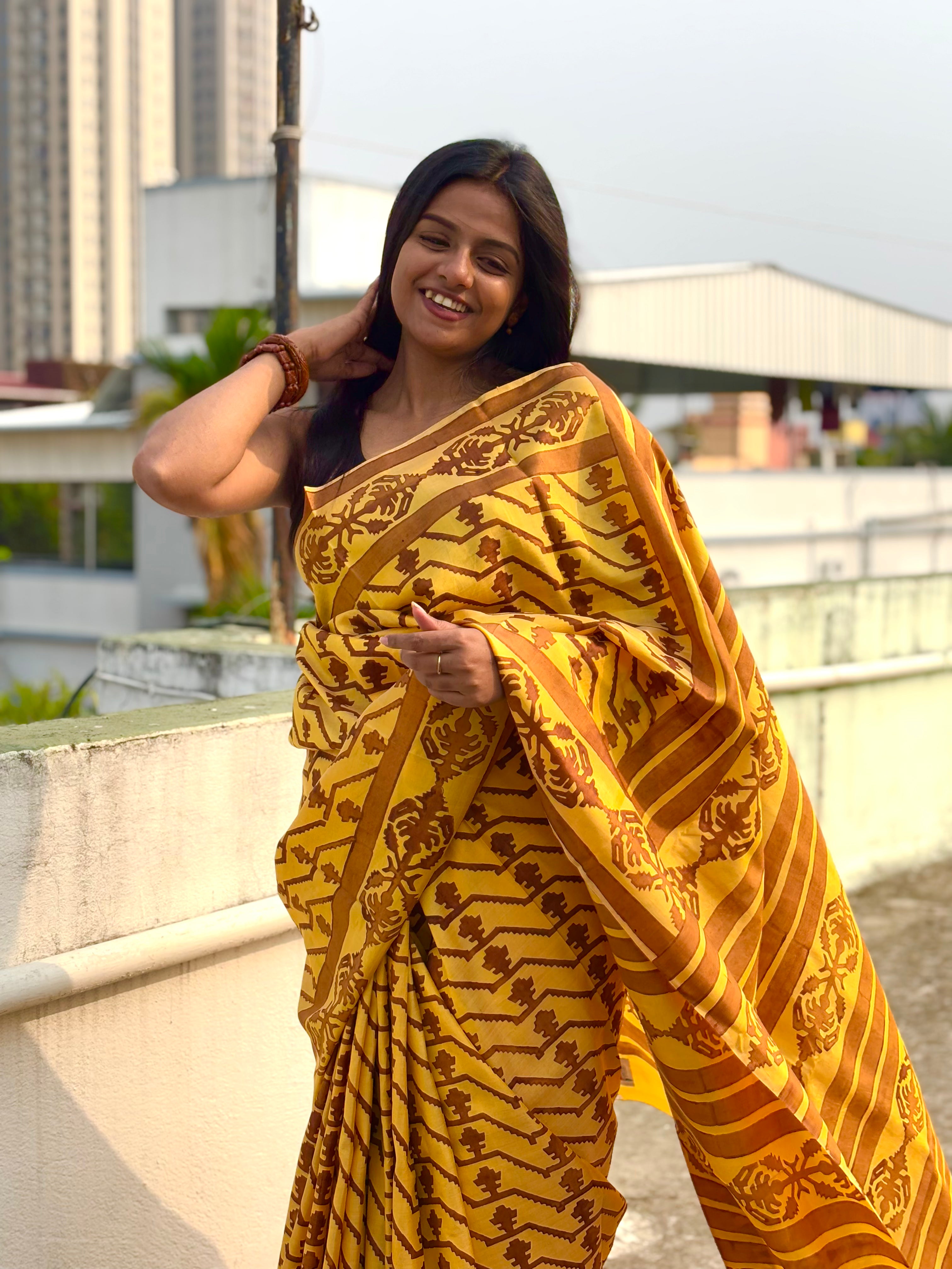 Bahar - Yellow Handblock Printed Bishnupur Katan Silk Saree