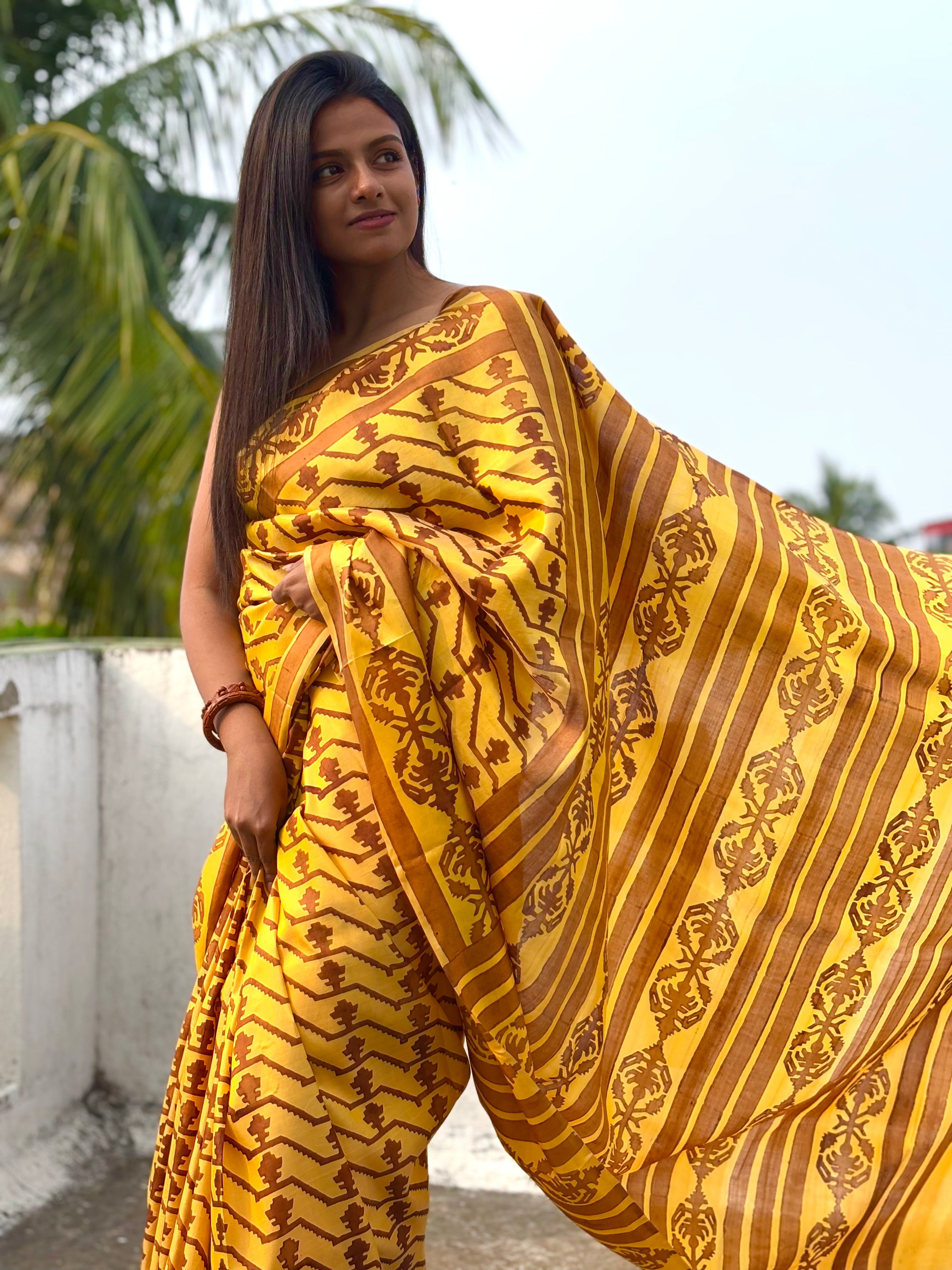 Bahar - Yellow Handblock Printed Bishnupur Katan Silk Saree