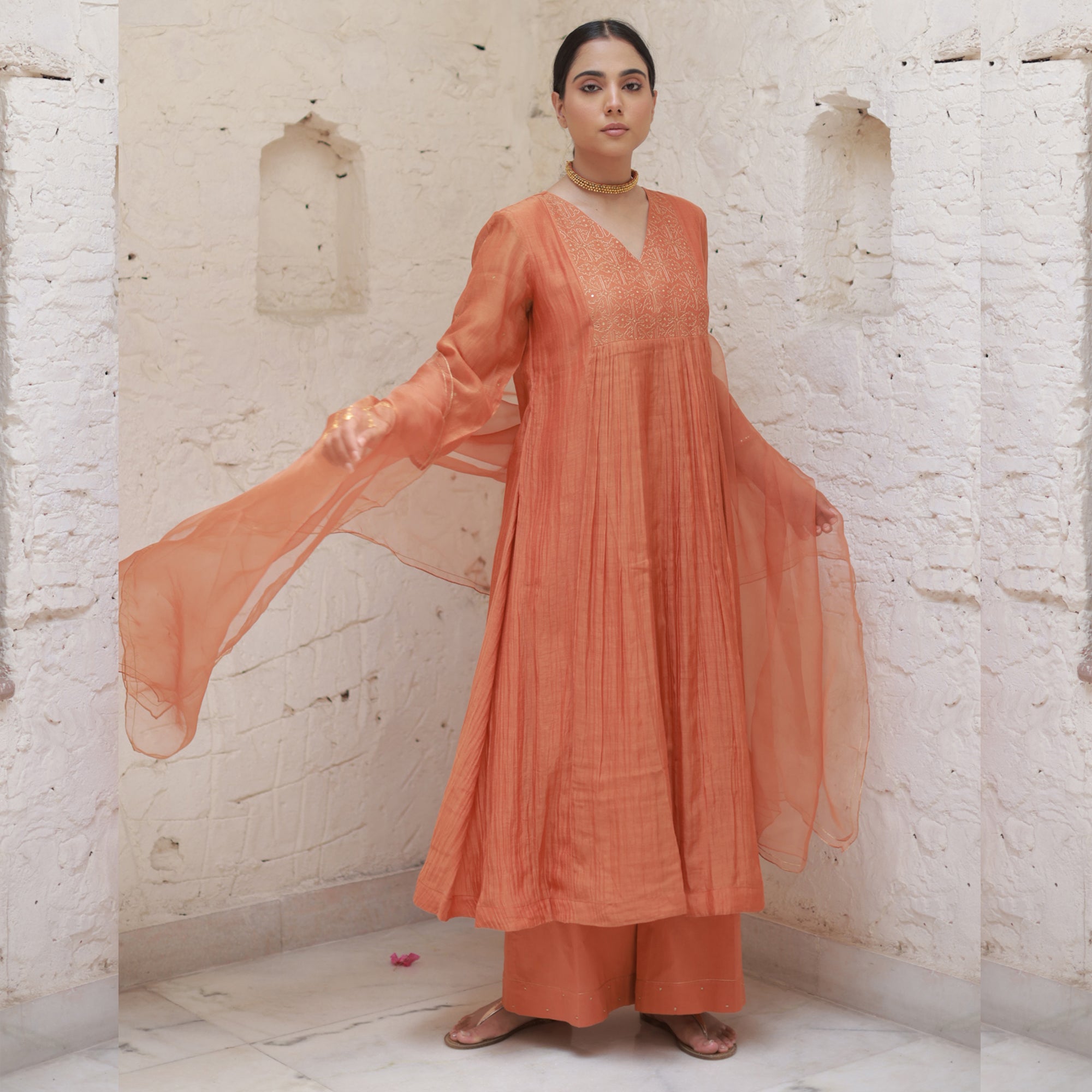 Mallika - Rust Orange Handwoven Silk Cotton Chanderi Kurta Set