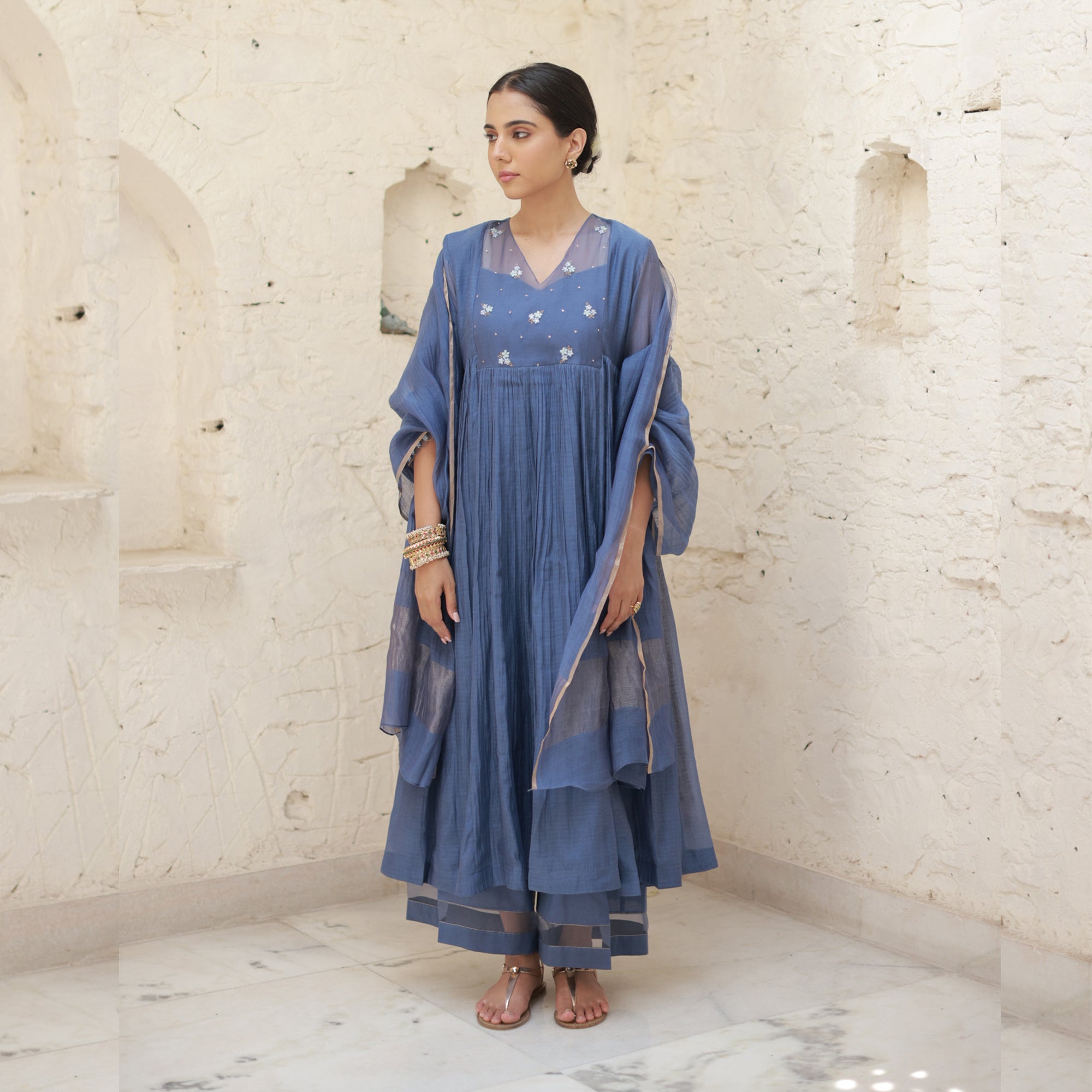 Mogra - Dark Azure Blue Handwoven Silk Cotton Chanderi Kurta Set