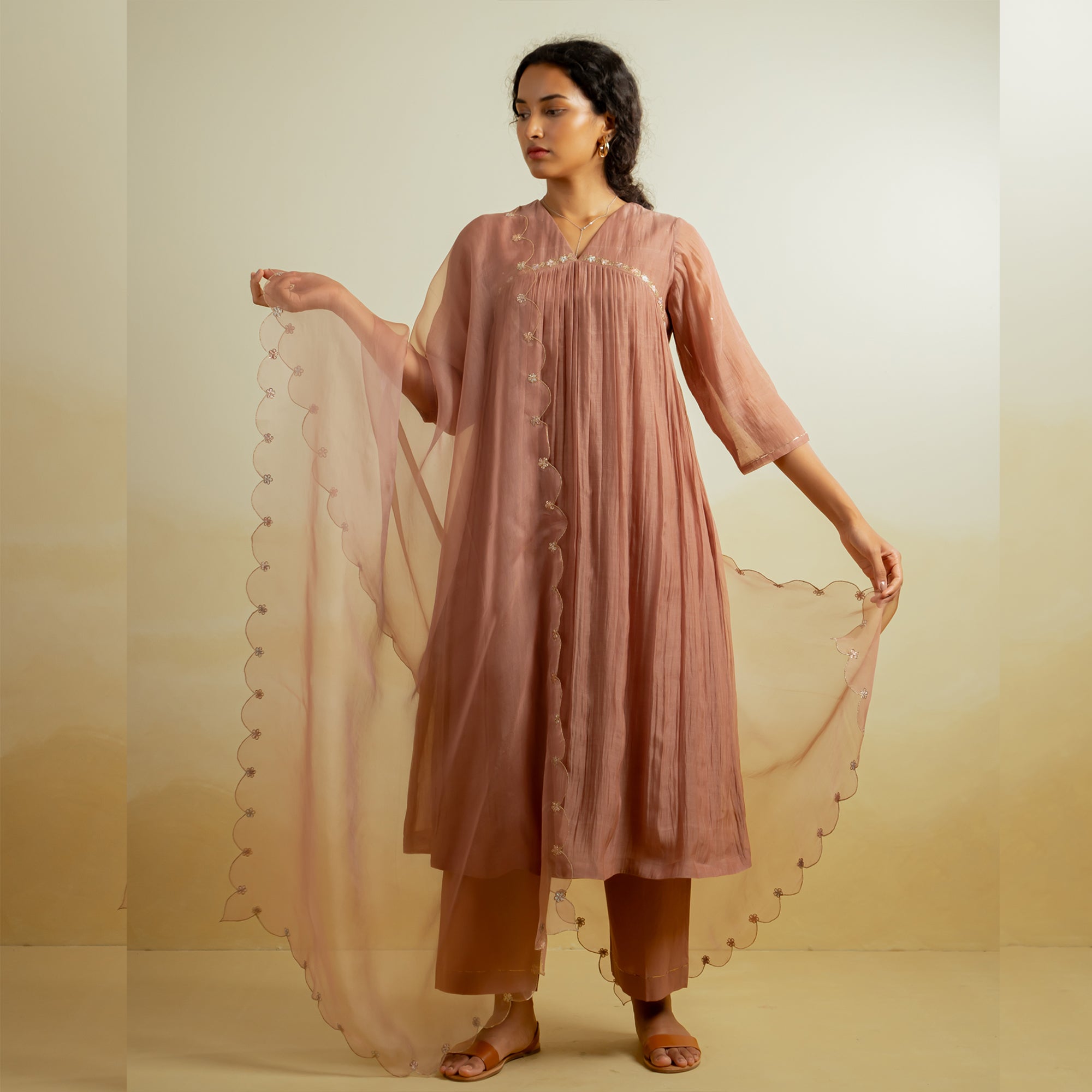 Noor - Pastel Brown Handwoven Silk Cotton Chanderi Kurta Set