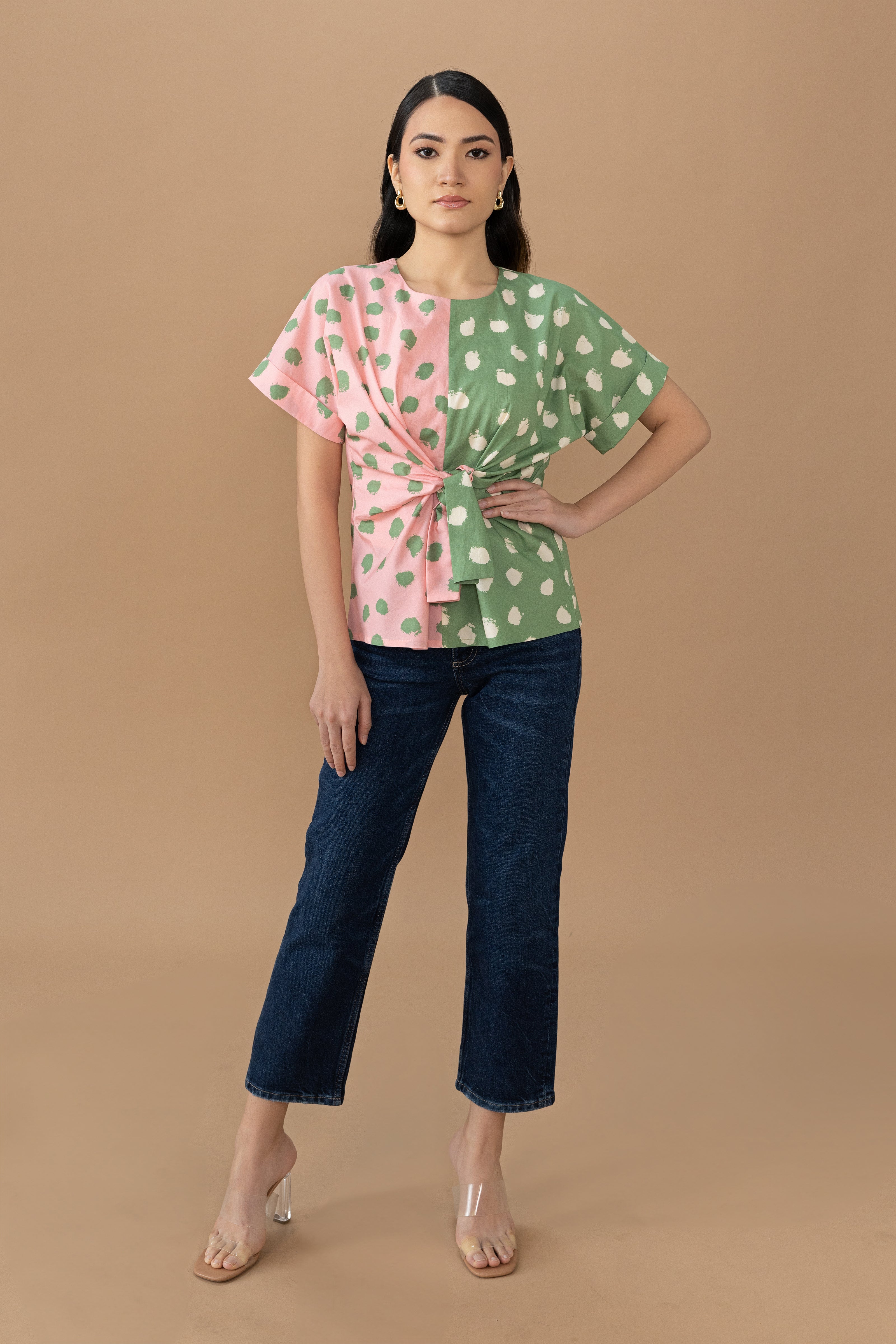 Nadine Tie Top - Olive & Quartz Dot