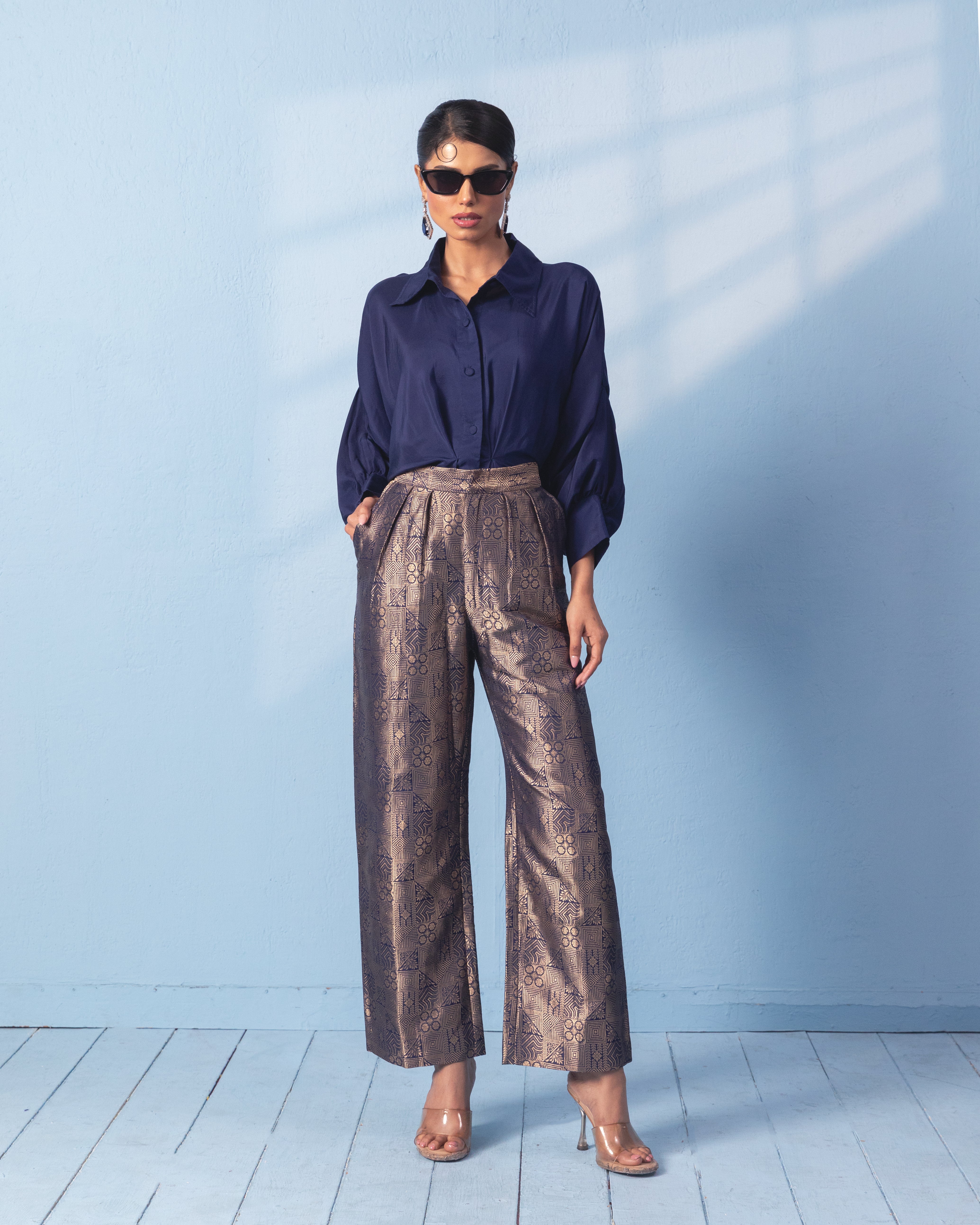 Blue silk shirt with brocade pants