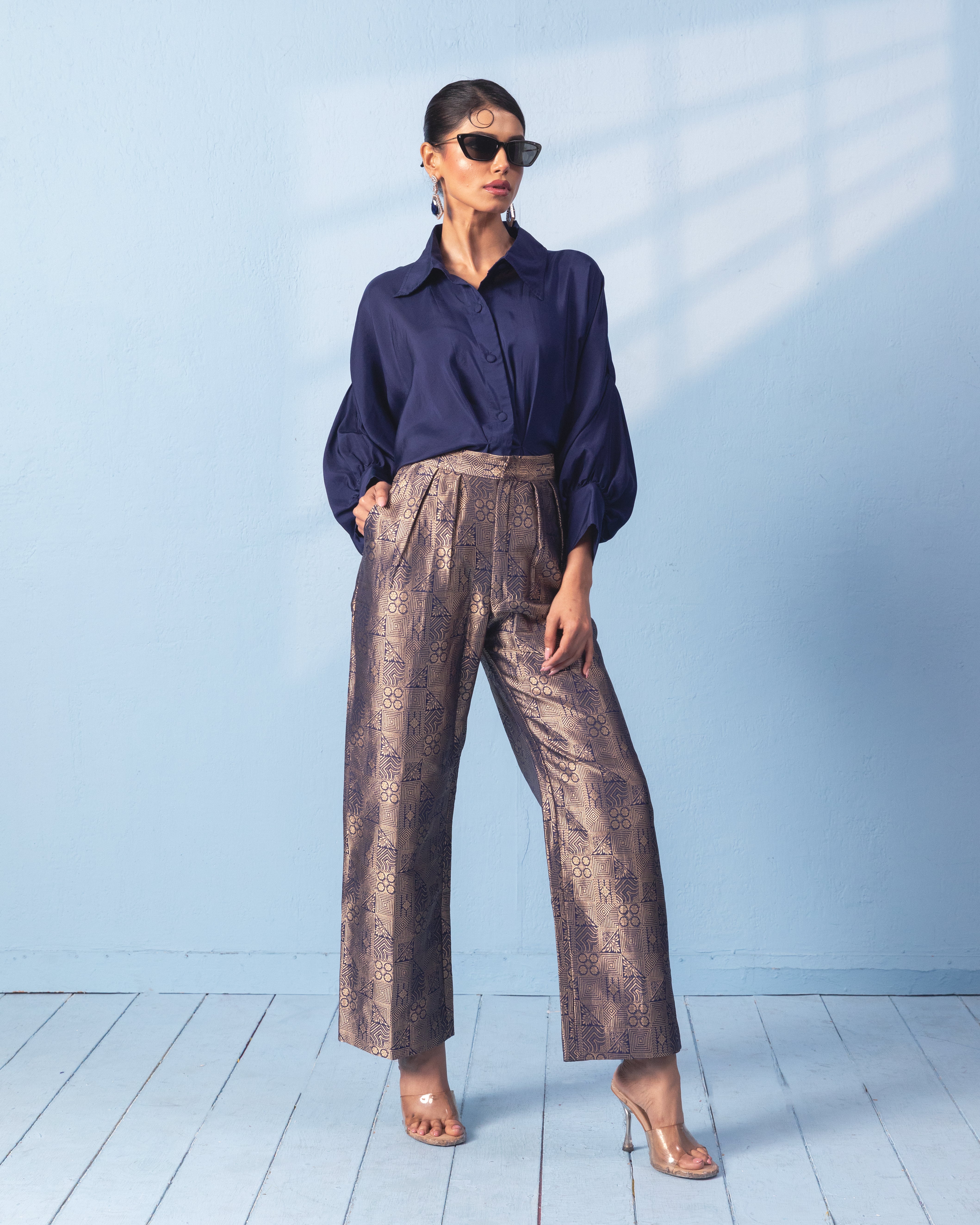 Blue silk shirt with brocade pants