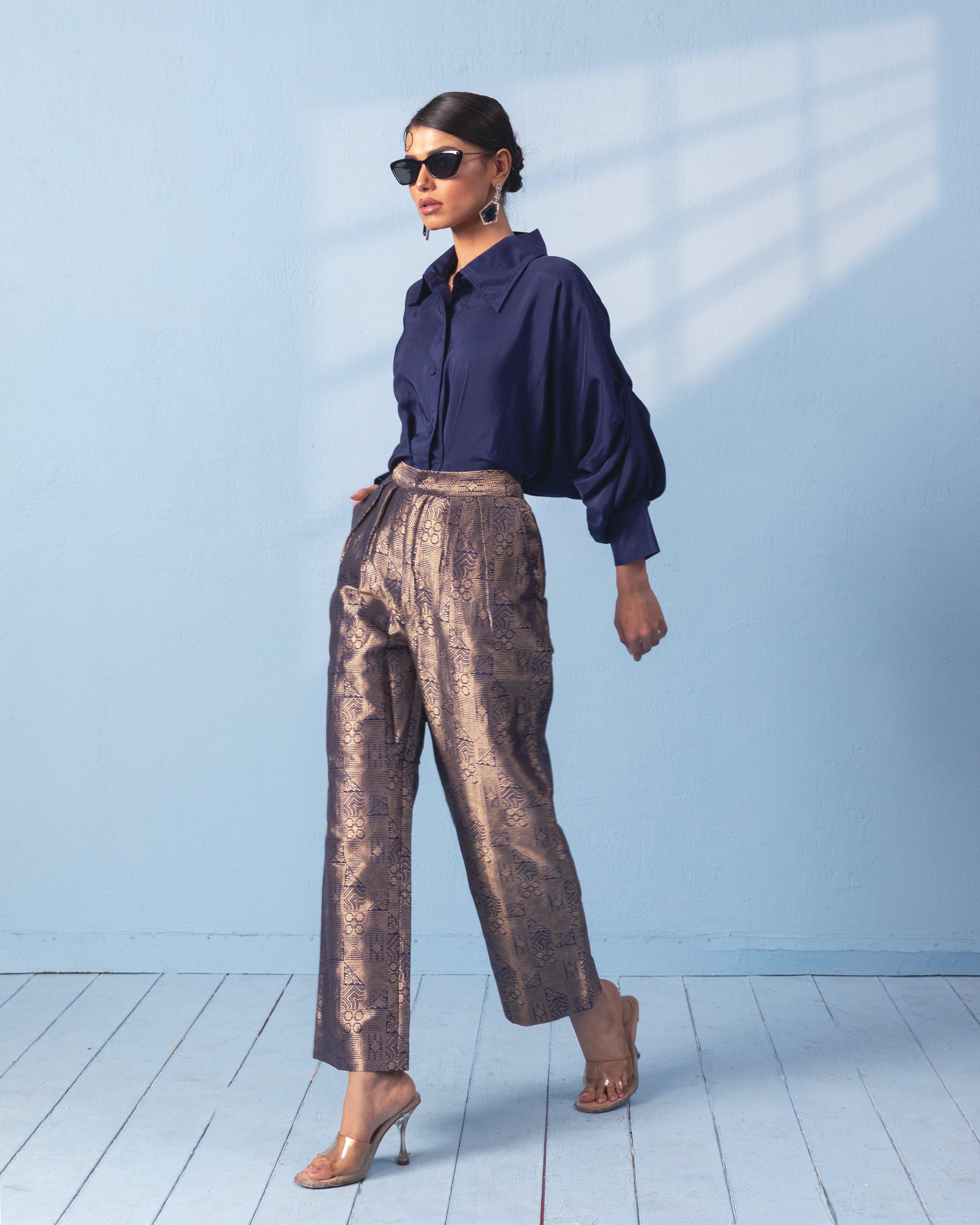 Blue silk shirt with brocade pants