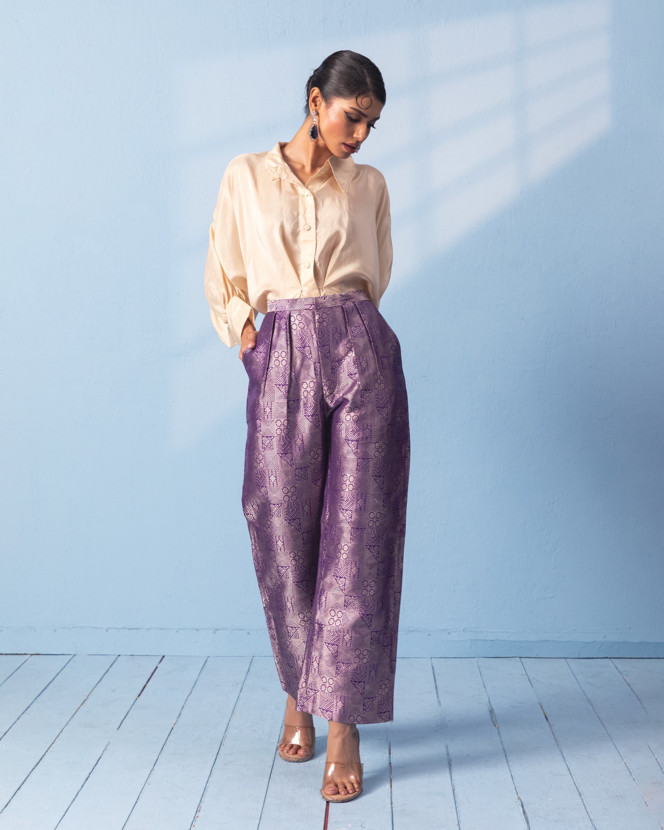 White silk shirt with purple brocade pant