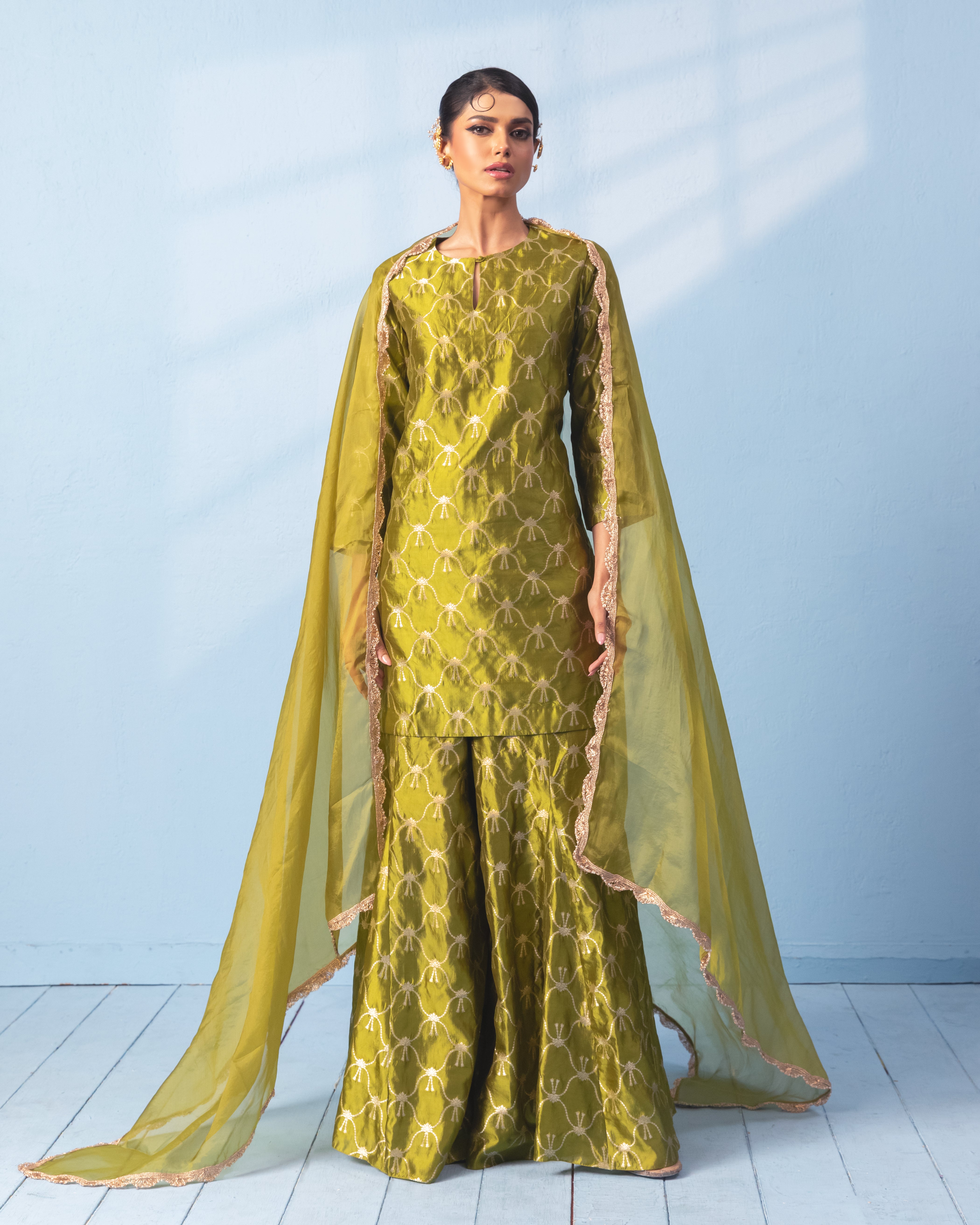 Green Silk Woven Zari Sharara Set with organza dupatta