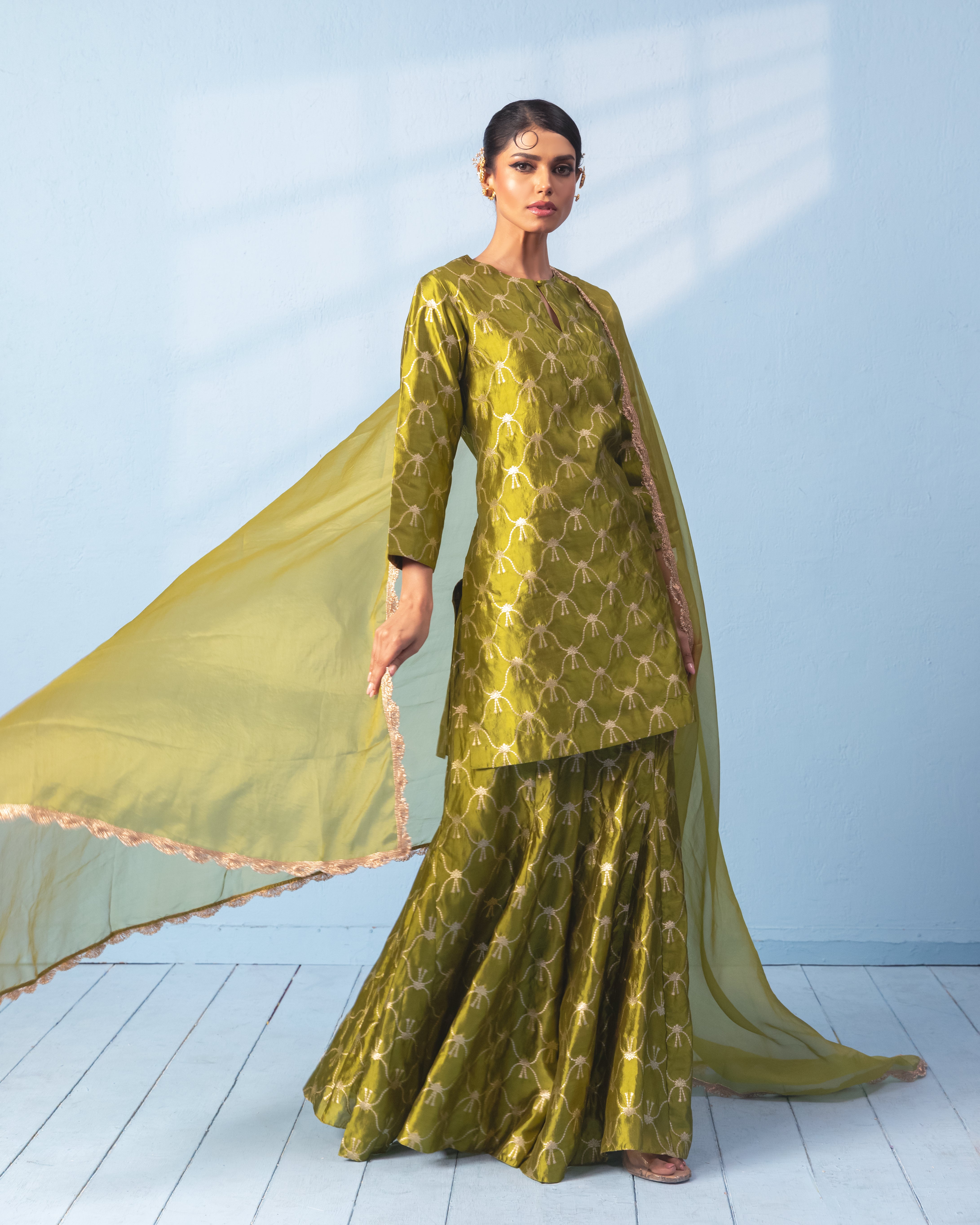 Green Silk Woven Zari Sharara Set with organza dupatta