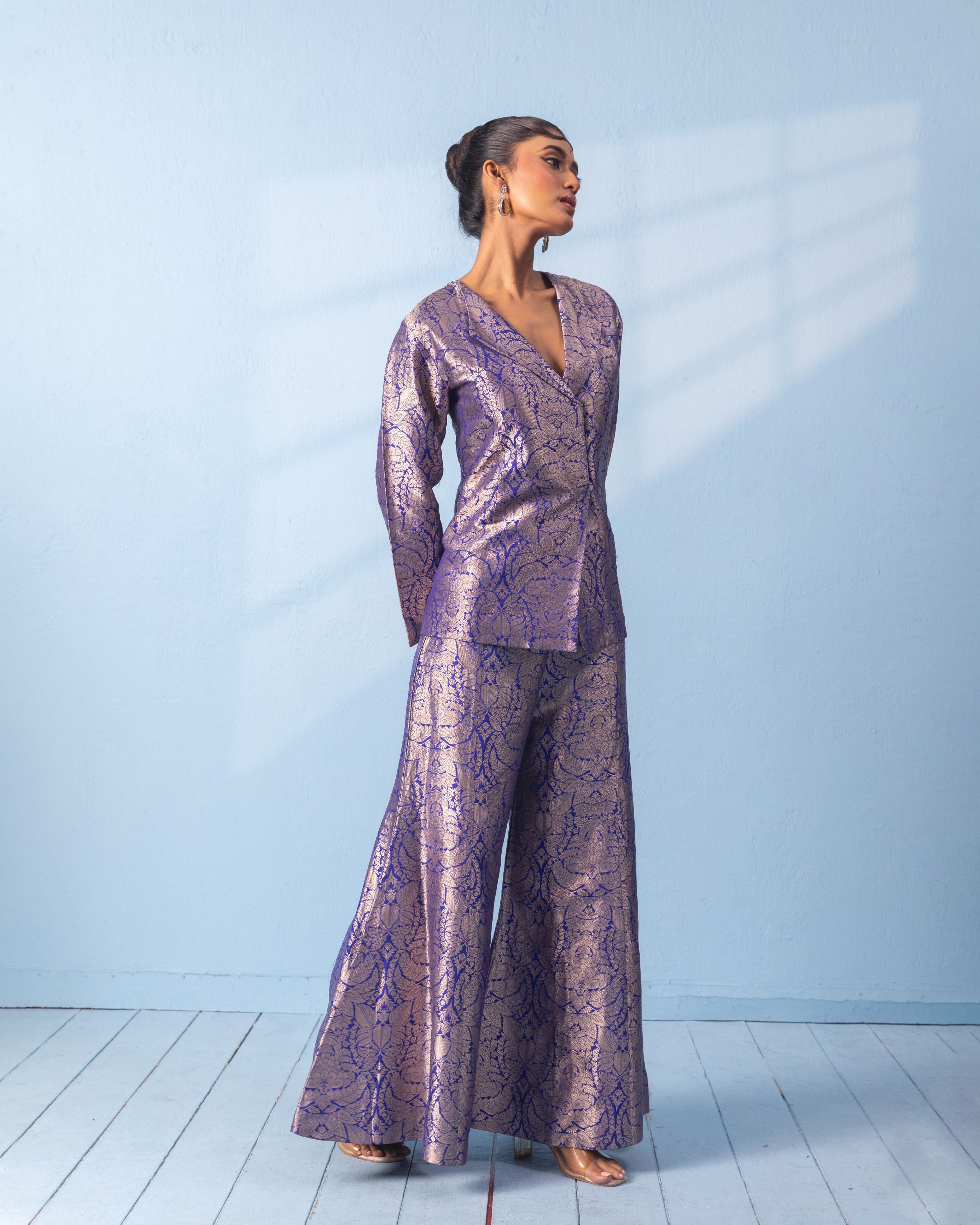 Blue Brocade Blazer Coord set