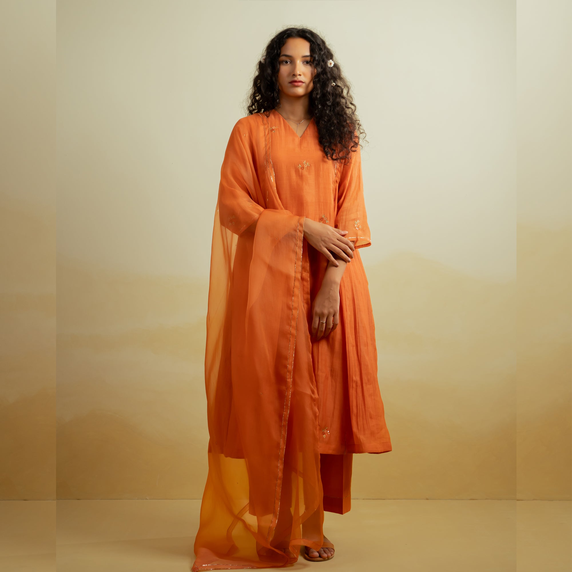 Rosebud - Orange Handwoven Silk Cotton Chanderi Kurta Set