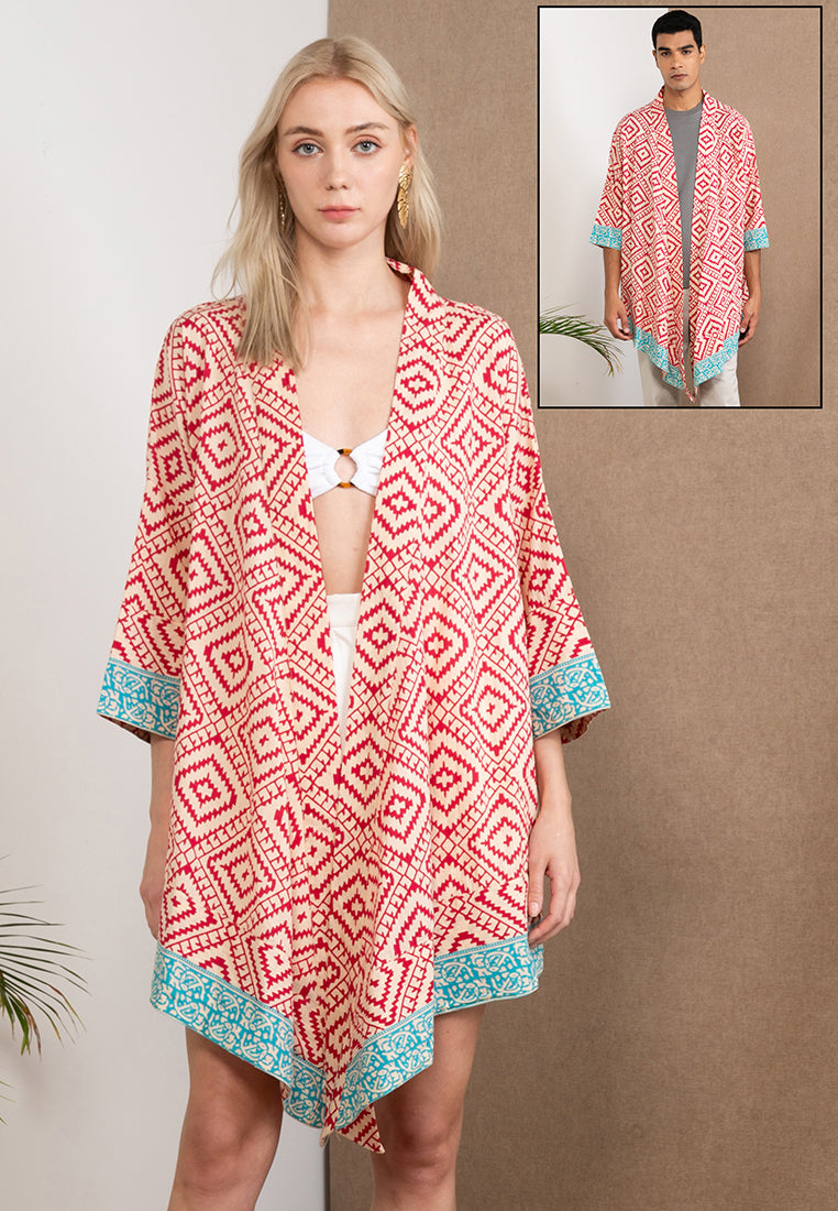 Red Pure Cotton Short Kimono with Woodblock Print