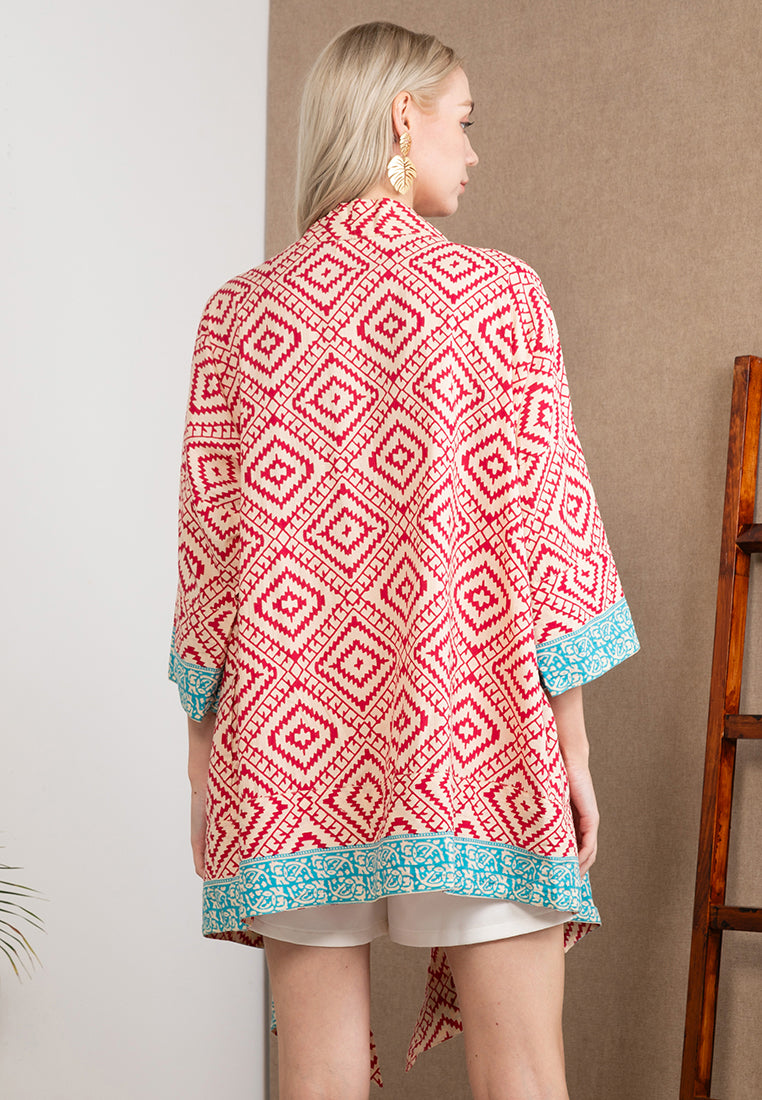 Red Pure Cotton Short Kimono with Woodblock Print