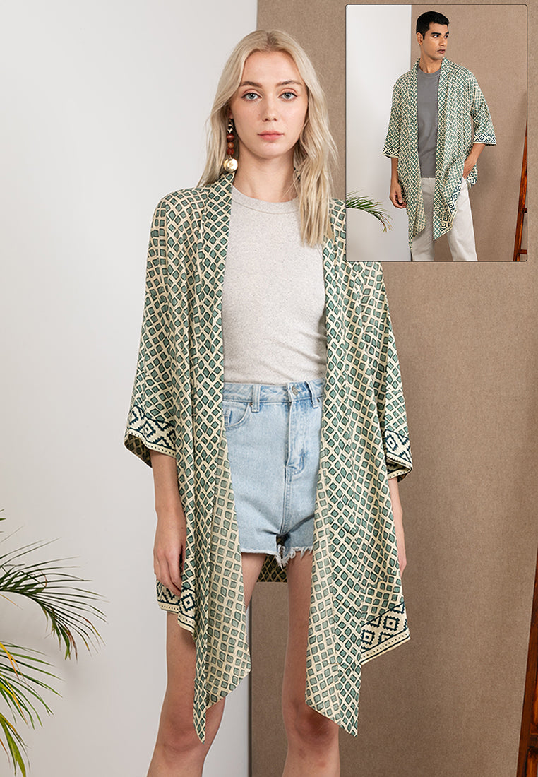 Green Pure Cotton Short Kimono with Woodblock Print