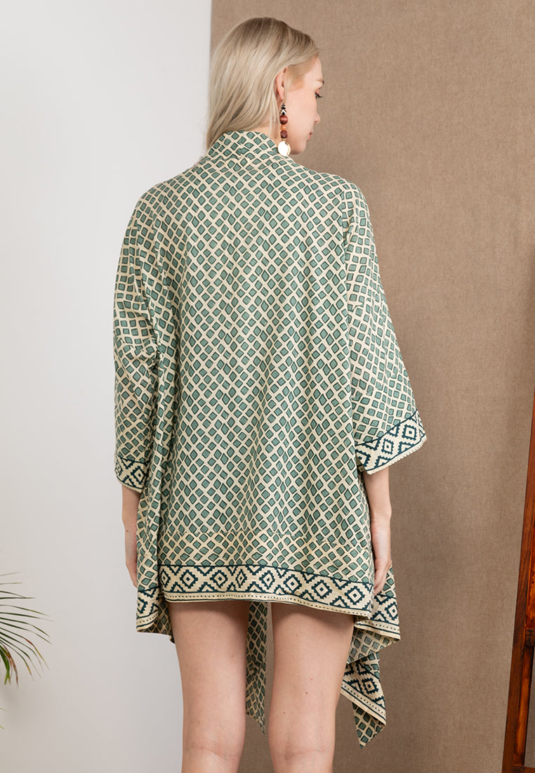 Green Pure Cotton Short Kimono with Woodblock Print