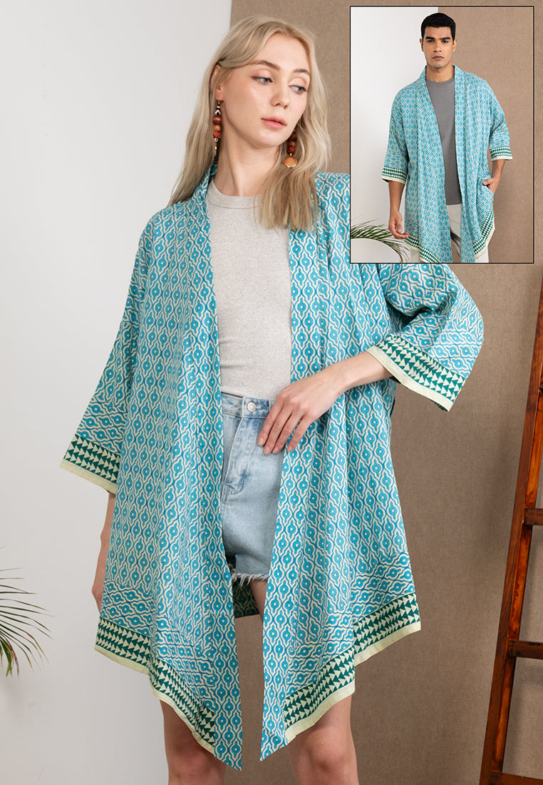 Cerulean Blue Pure Cotton Short Kimono with Woodblock Print