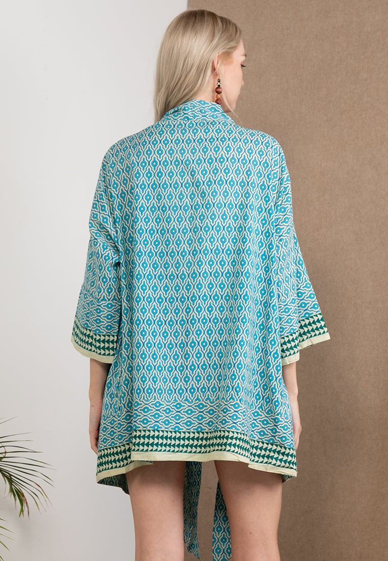Cerulean Blue Pure Cotton Short Kimono with Woodblock Print