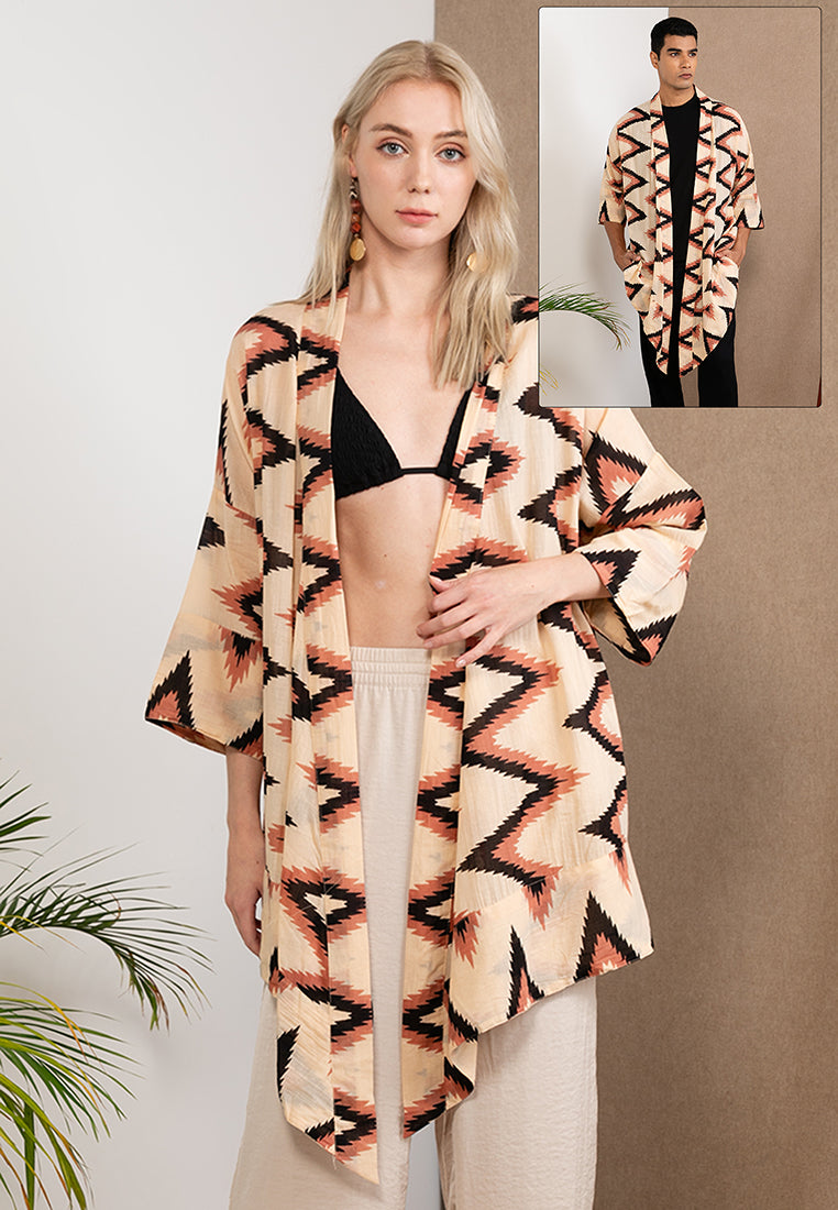 Beige Pure Cotton Short Kimono with Woodblock Print