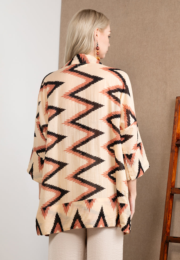 Beige Pure Cotton Short Kimono with Woodblock Print