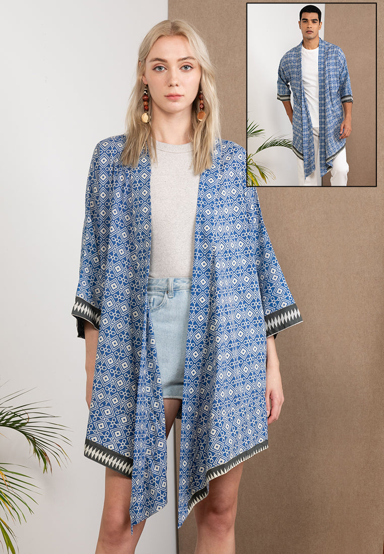 Dark Blue Pure Cotton Short Kimono with Woodblock Print