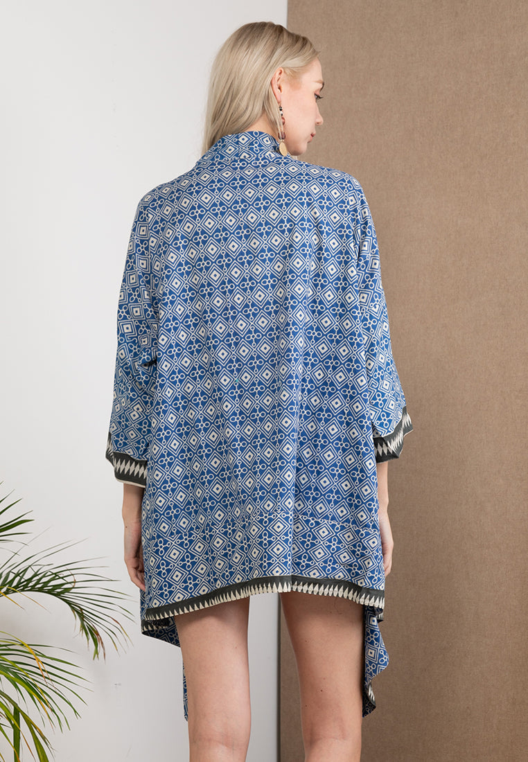 Dark Blue Pure Cotton Short Kimono with Woodblock Print
