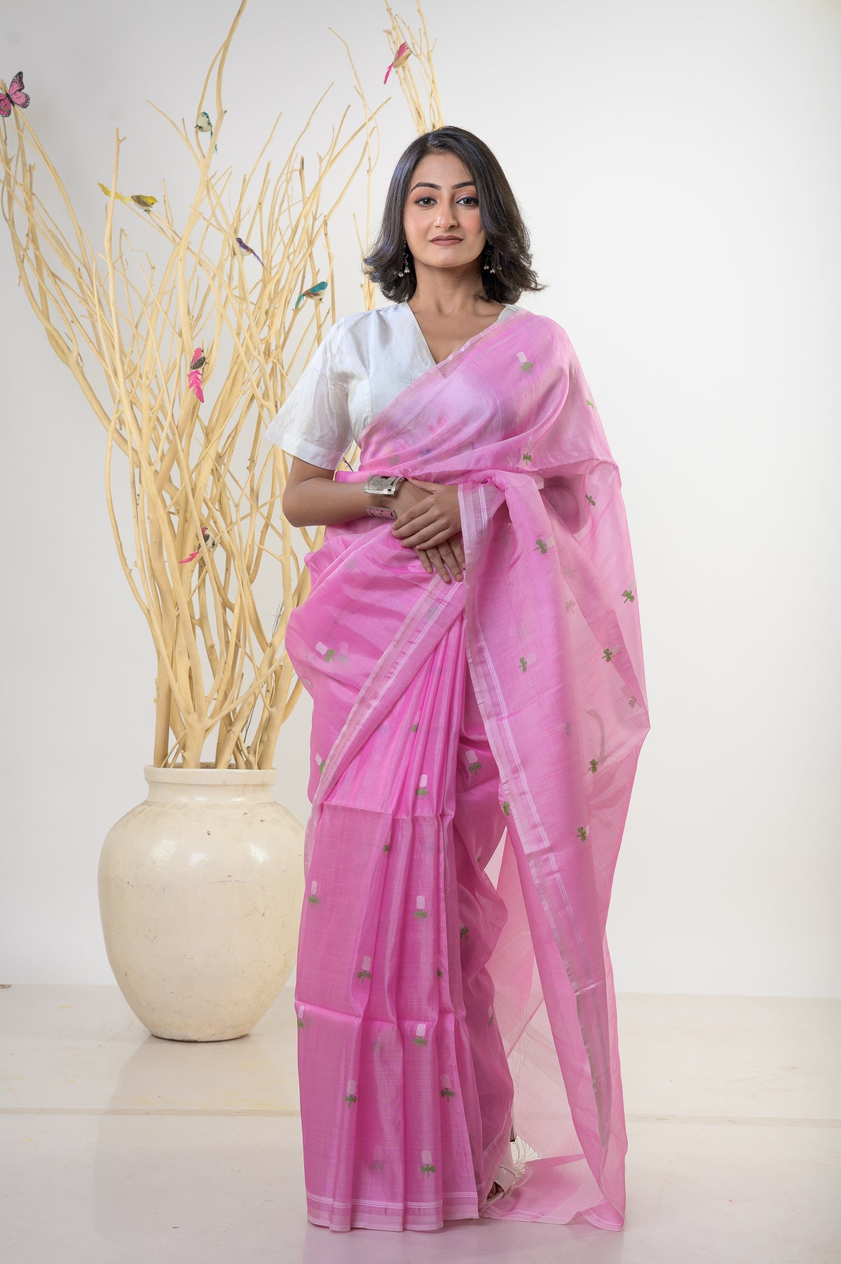 PUSHPITA- Pink silk floral jamdani saree