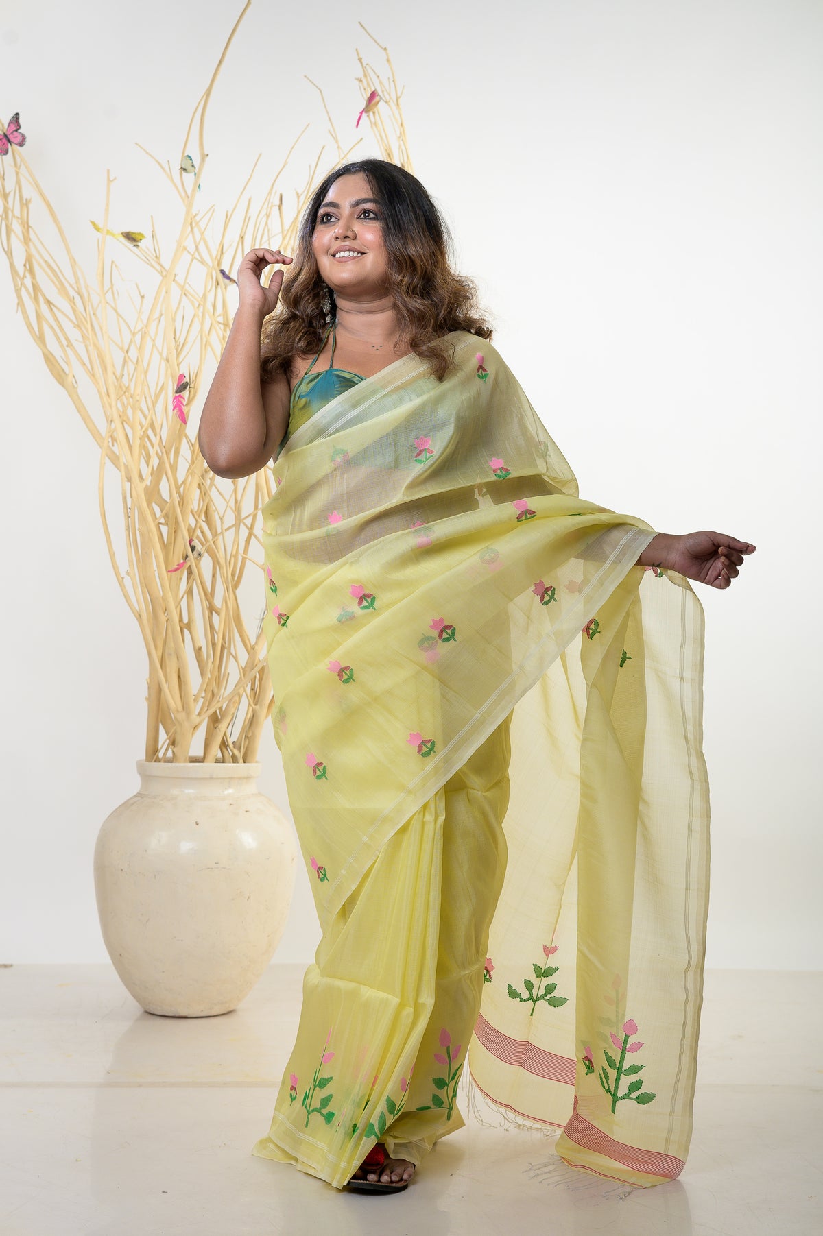 KUSUM-Yellow silk floral jamdani saree