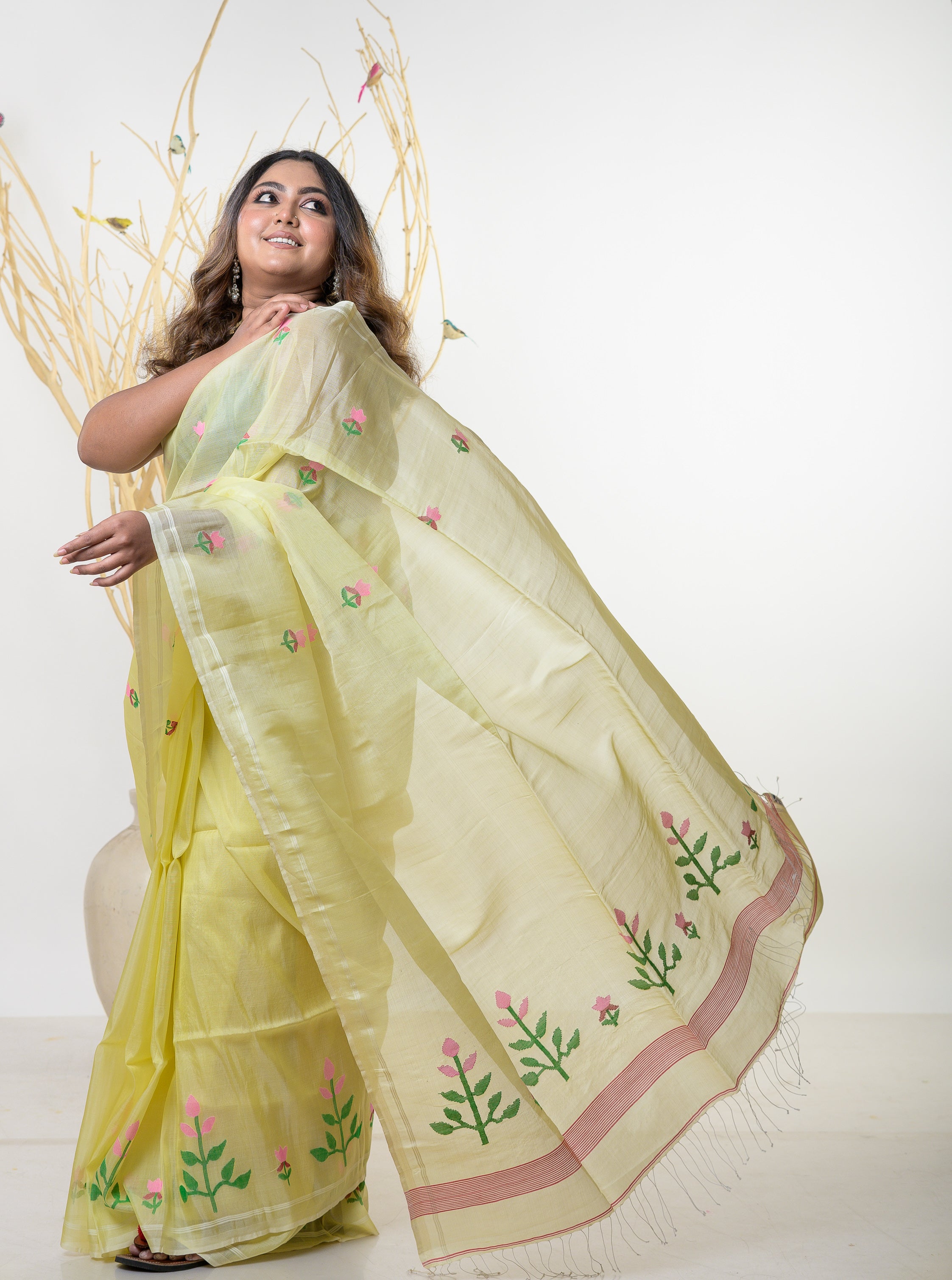 Kusum - Yellow Silk Jamdani Saree