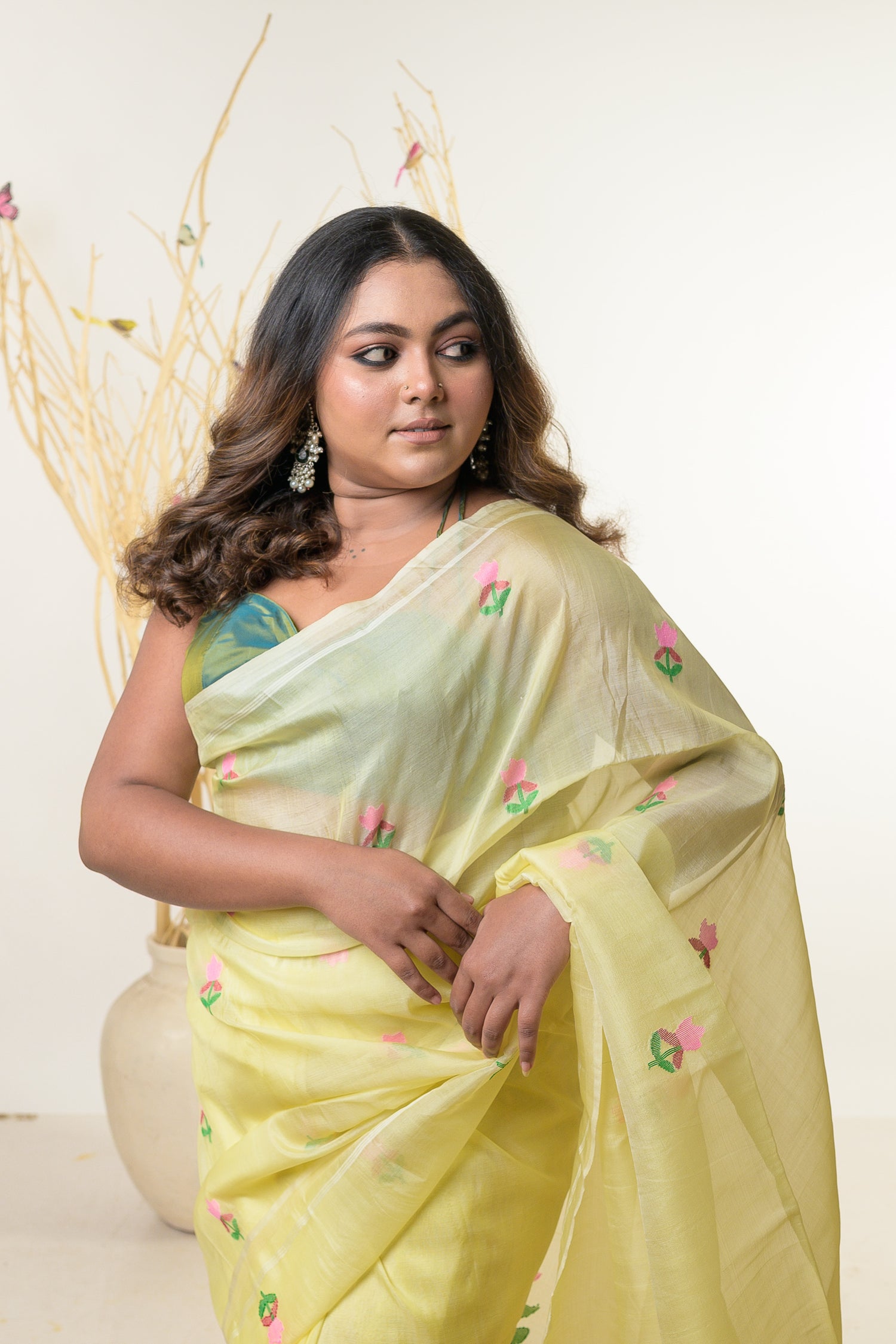 KUSUM-Yellow silk floral jamdani saree