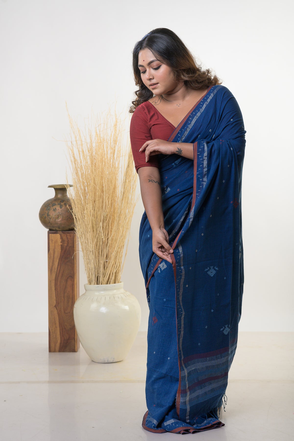 JAMINI -Natural indigo handspun cotton saree with traditional jamdani floral motifs