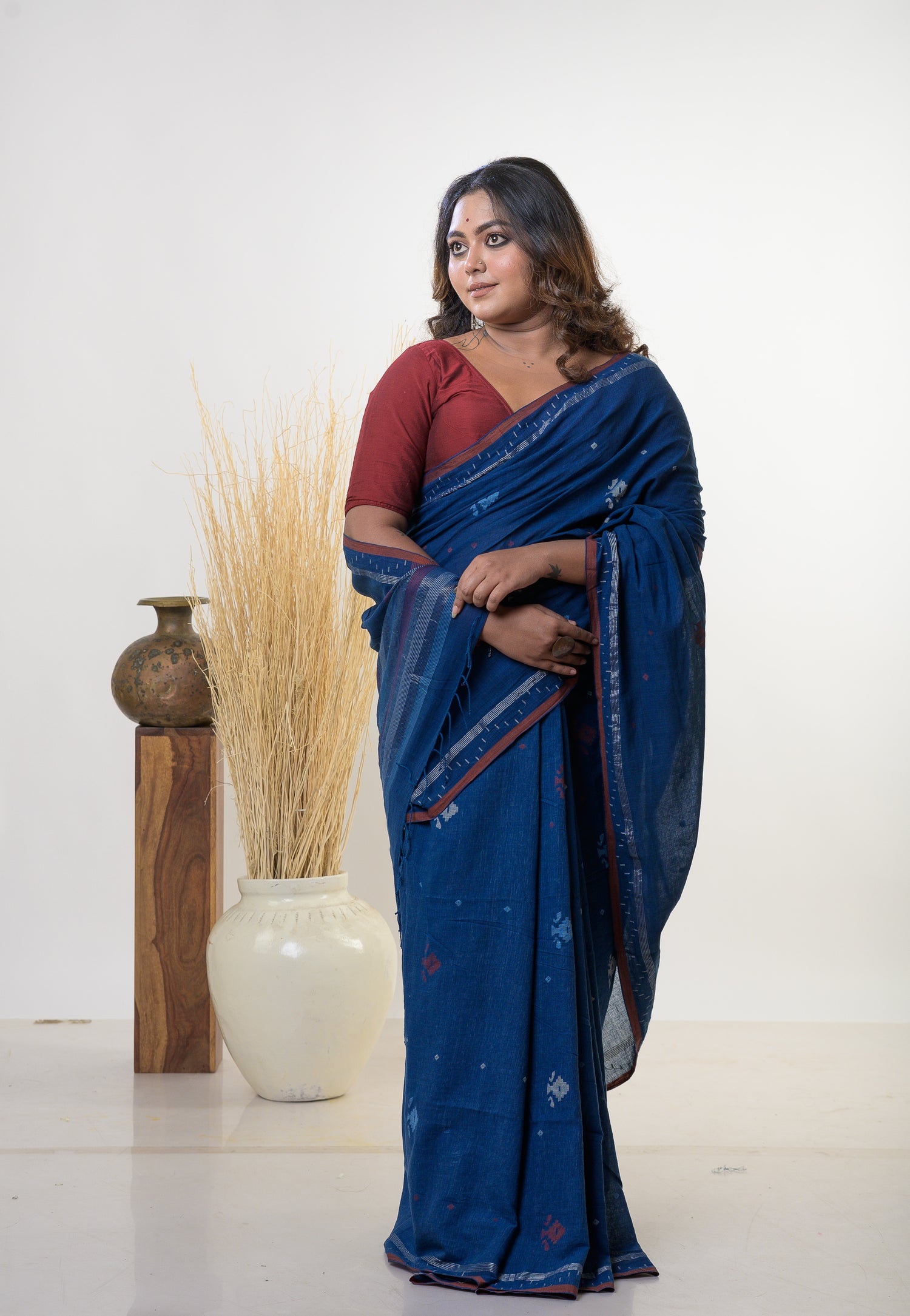 JAMINI -Natural indigo handspun cotton saree with traditional jamdani floral motifs