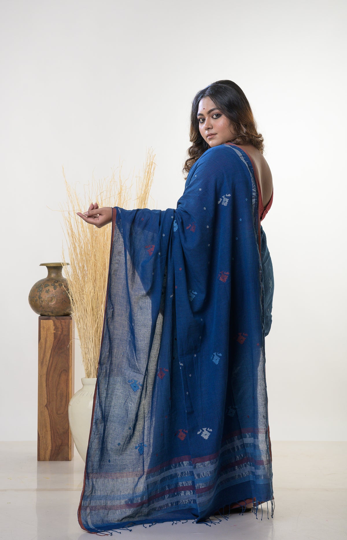 JAMINI -Natural indigo handspun cotton saree with traditional jamdani floral motifs