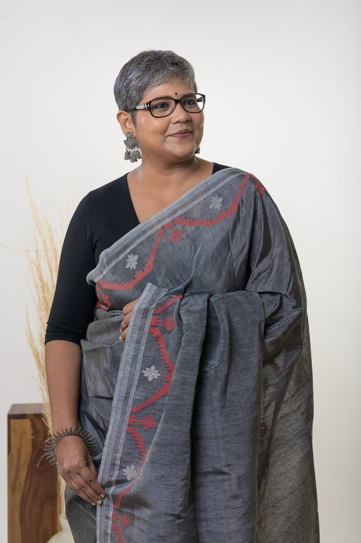 SREEJA-Silk Linen grey jamdani saree