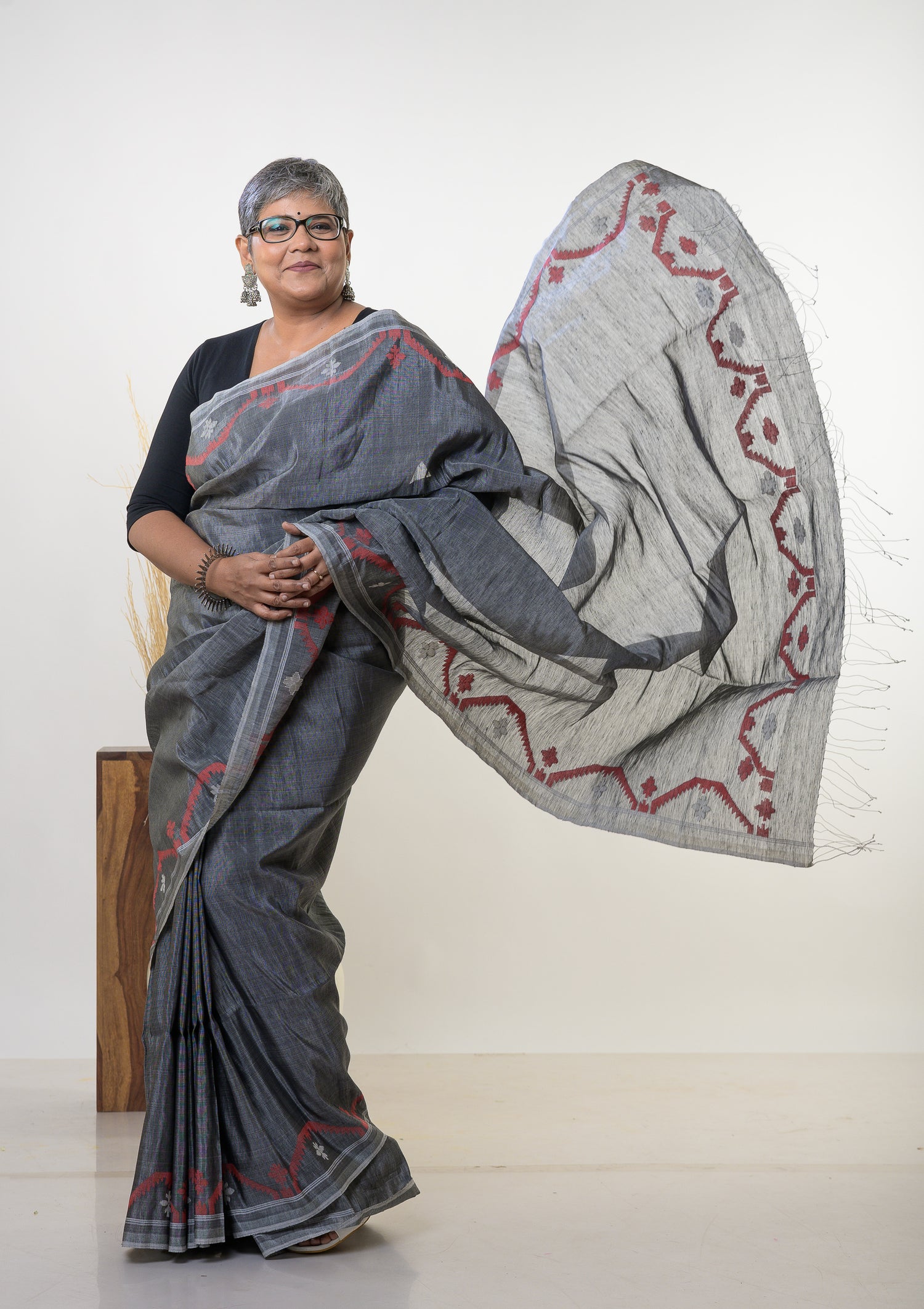 SREEJA-Silk Linen grey jamdani saree