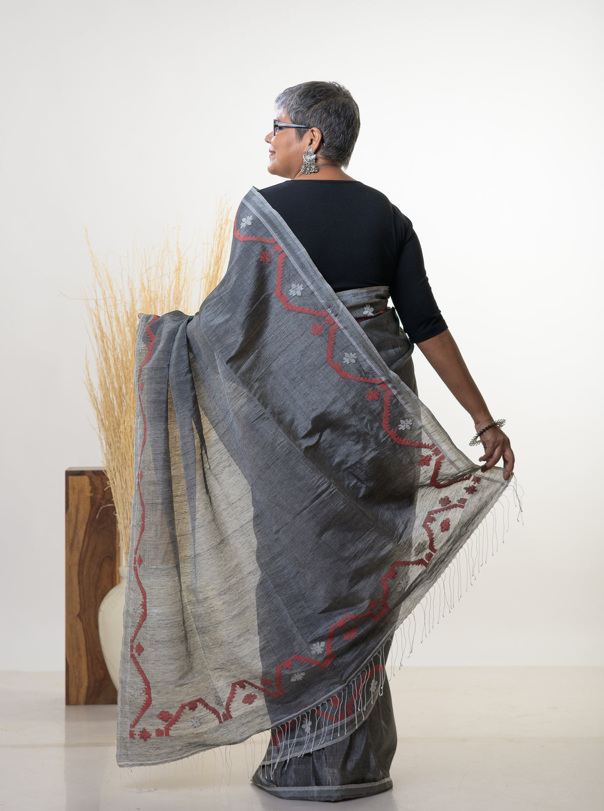 SREEJA-Silk Linen grey jamdani saree