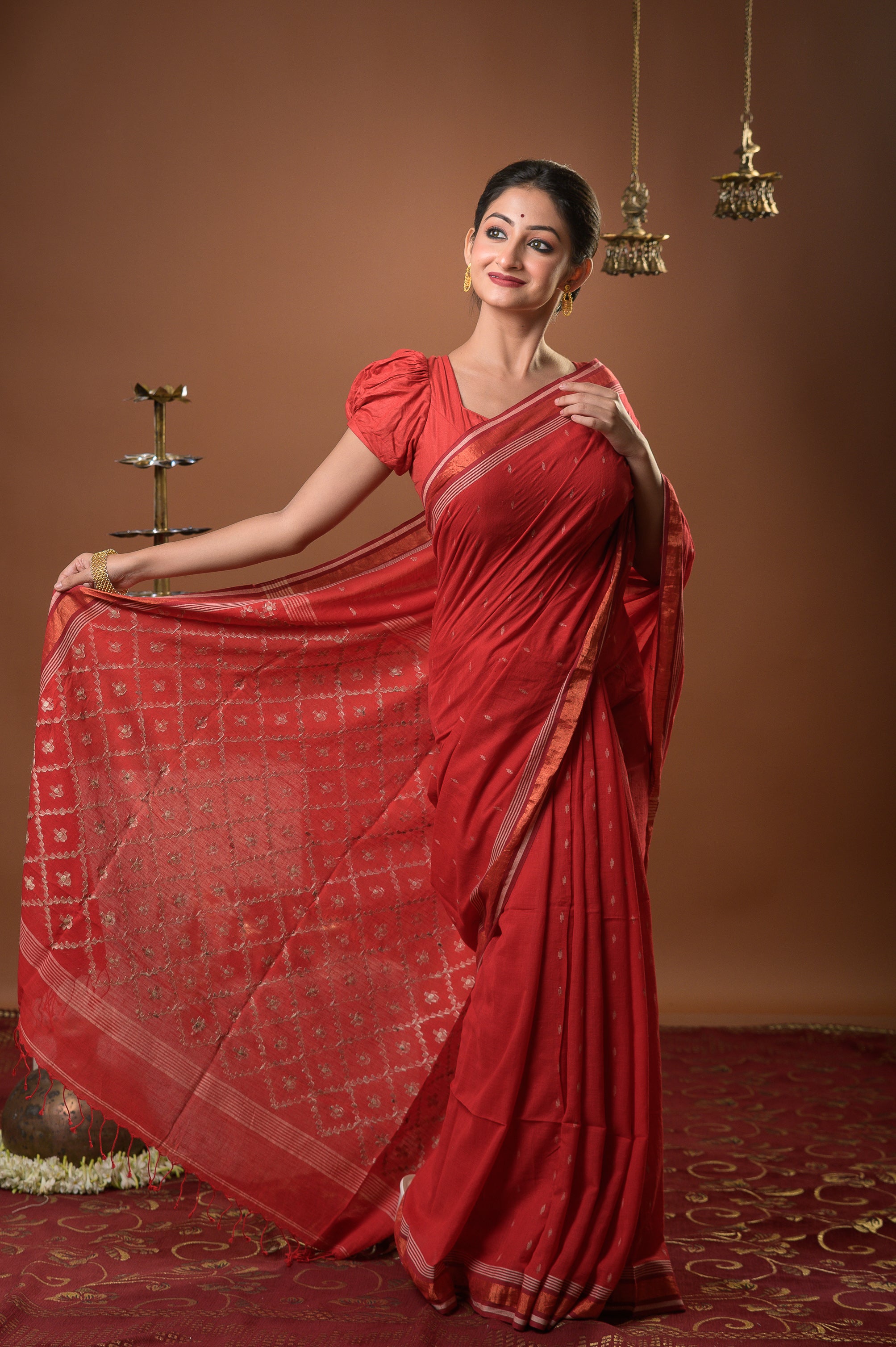 Vibha - Red Handspun Cotton Jamdani Saree
