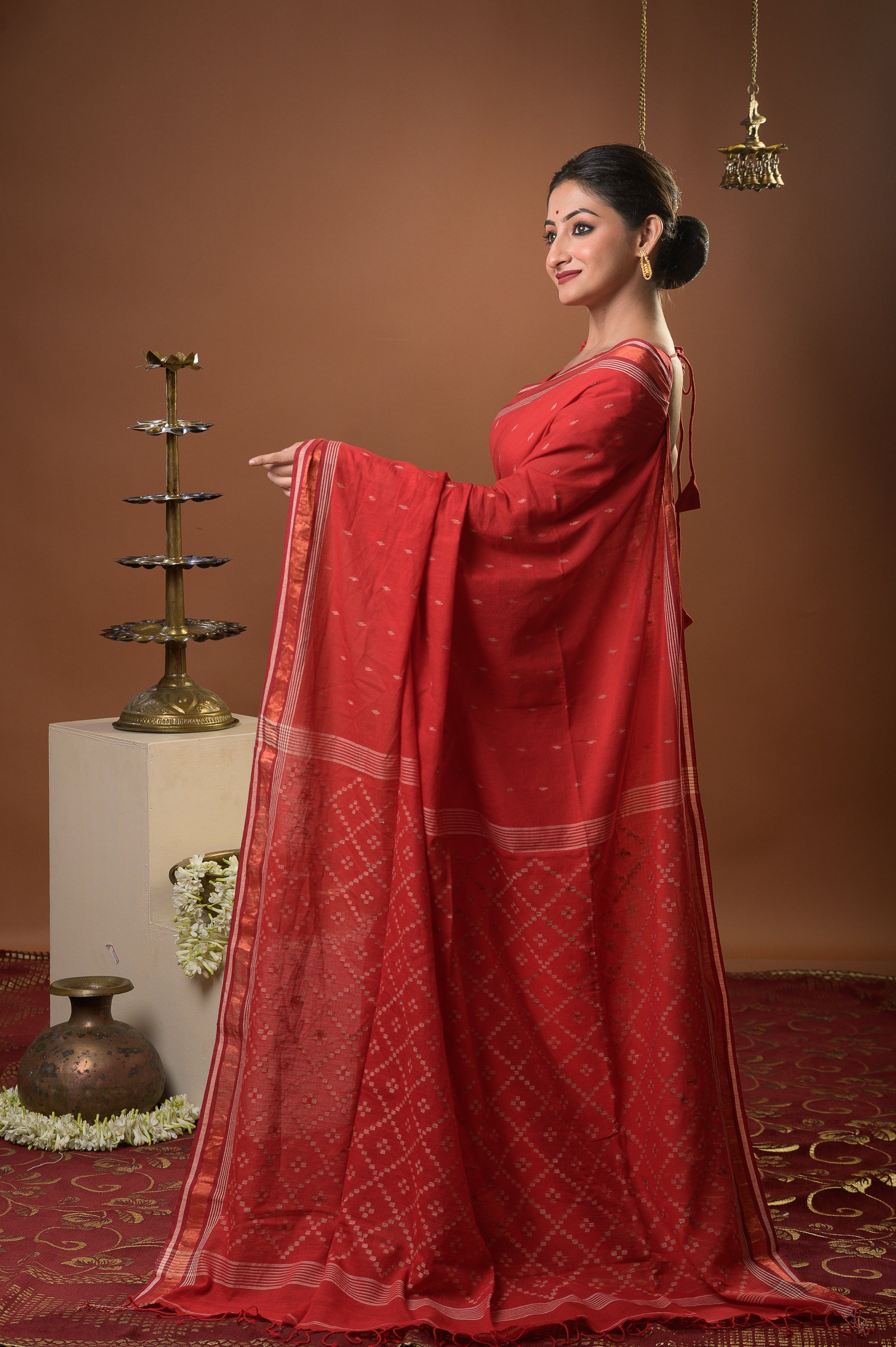Vibha - Red Handspun Cotton Jamdani Saree