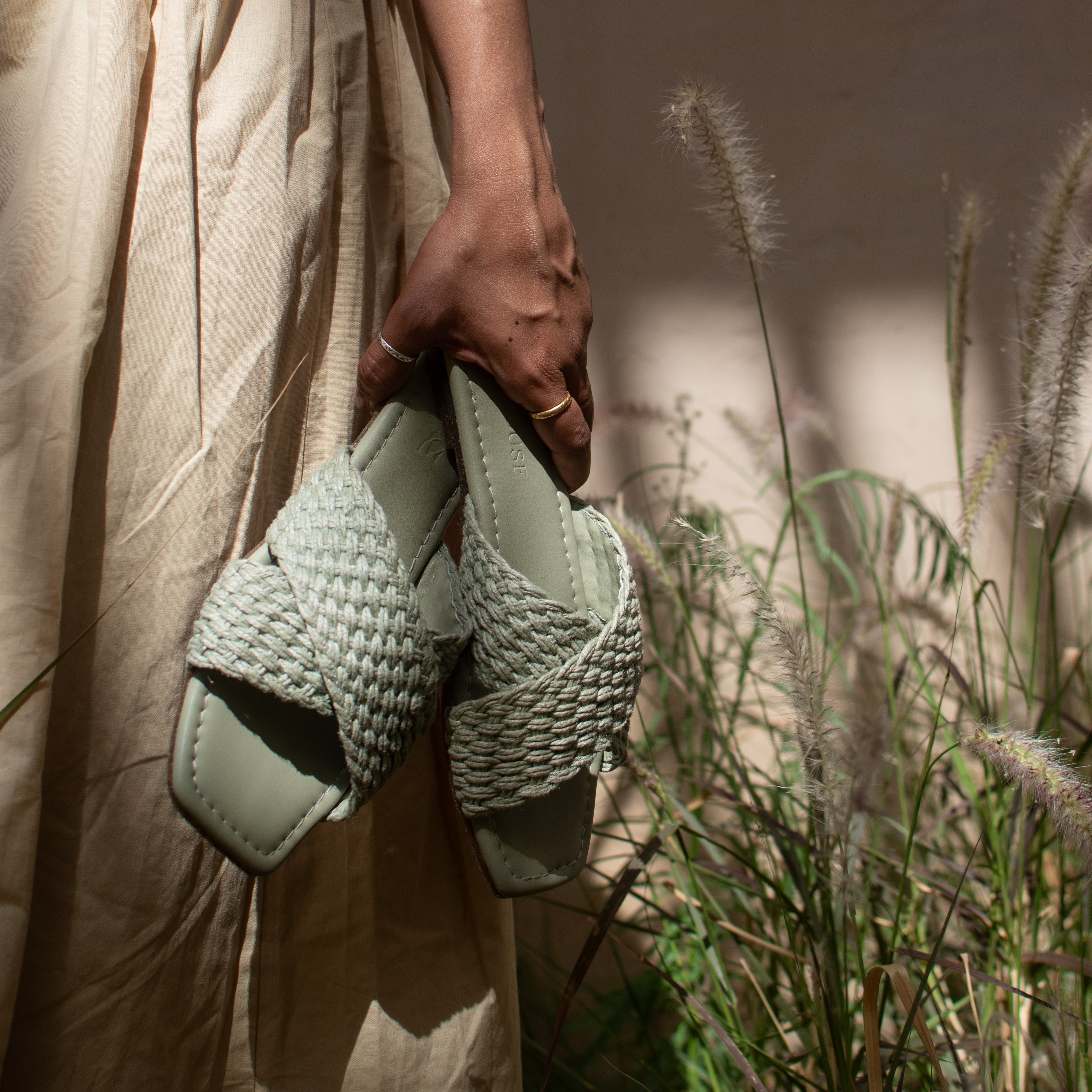 Sage green Jute slides