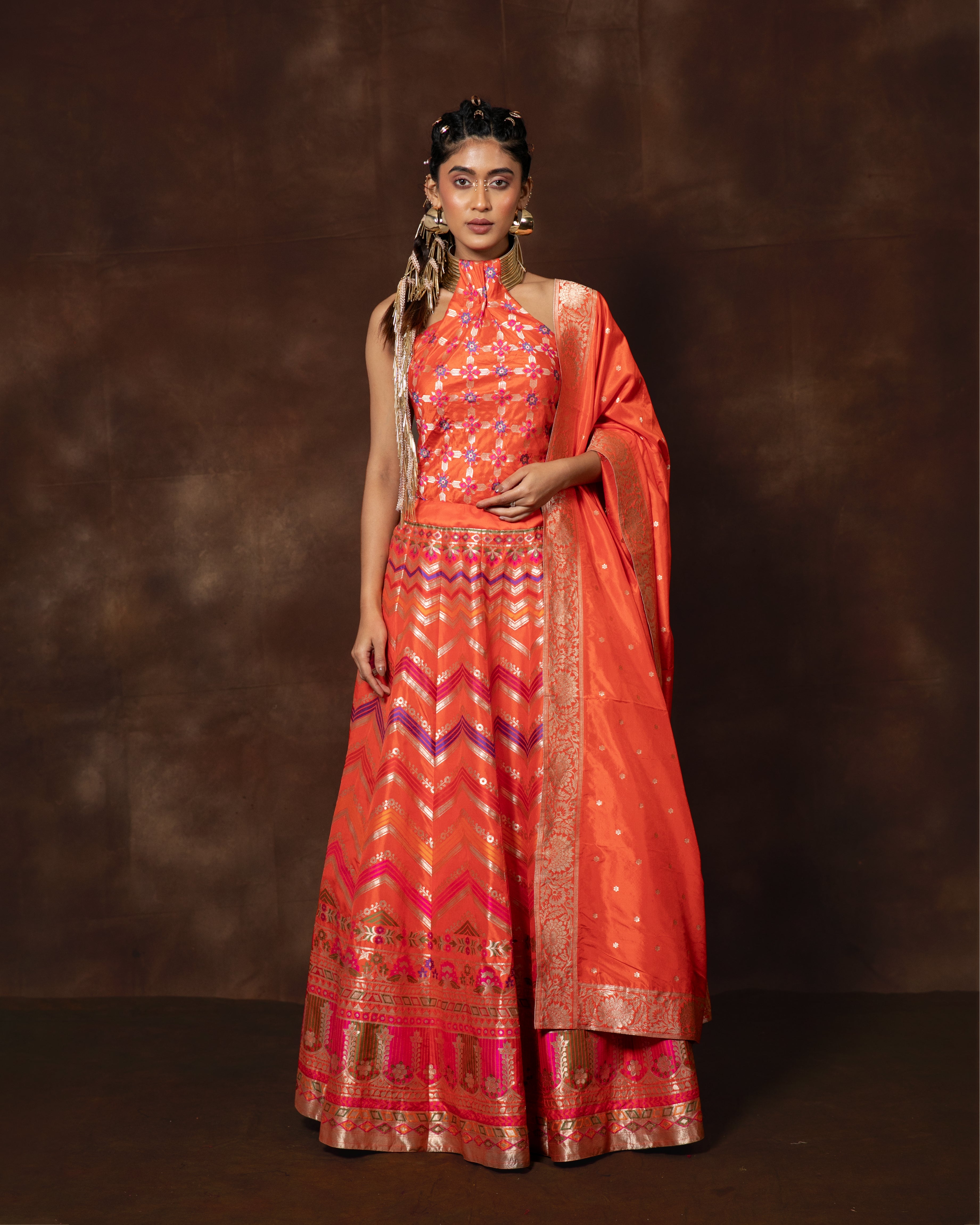 Orange Handwoven Banarasi Silk Lehenga