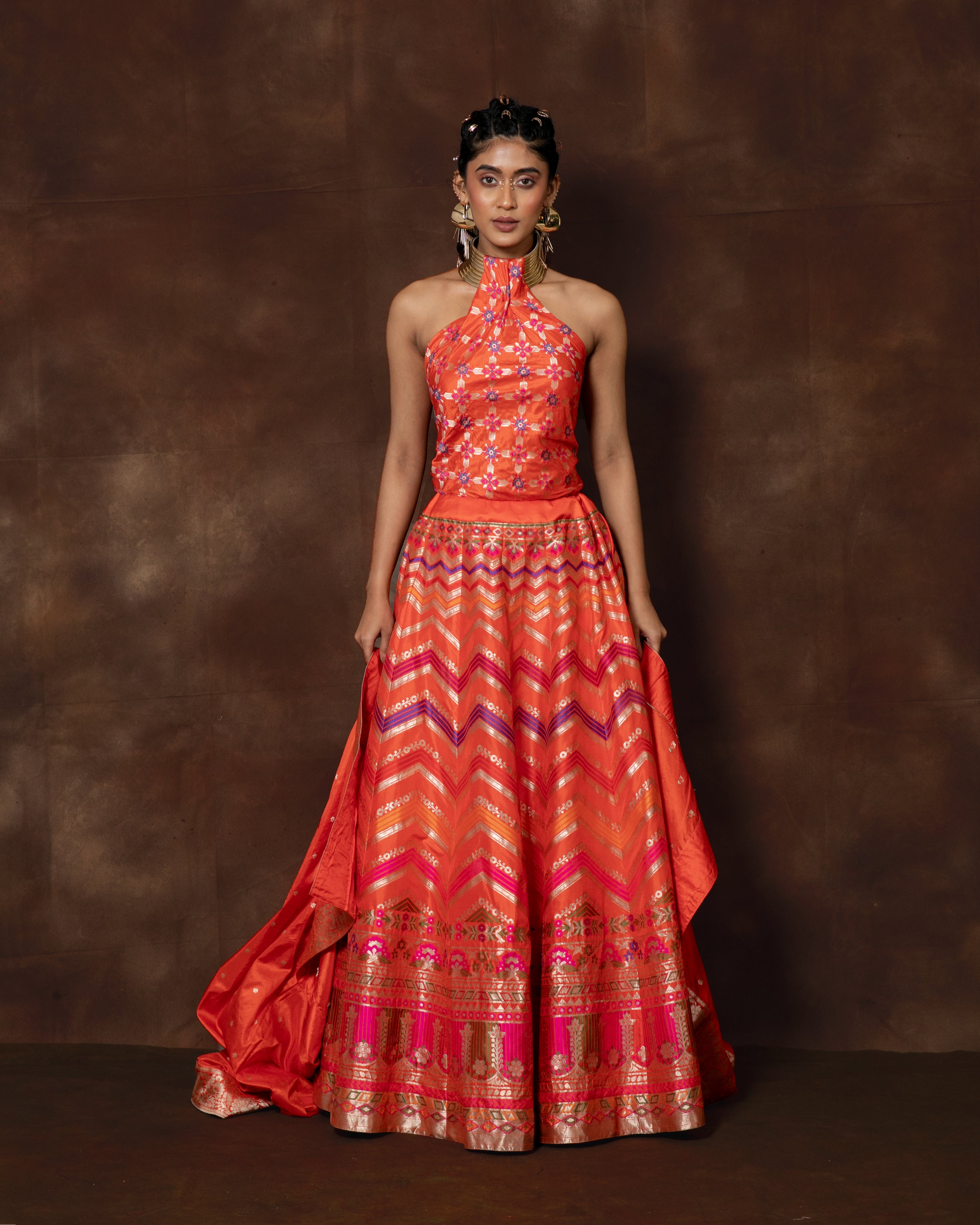 Orange Handwoven Banarasi Silk Lehenga
