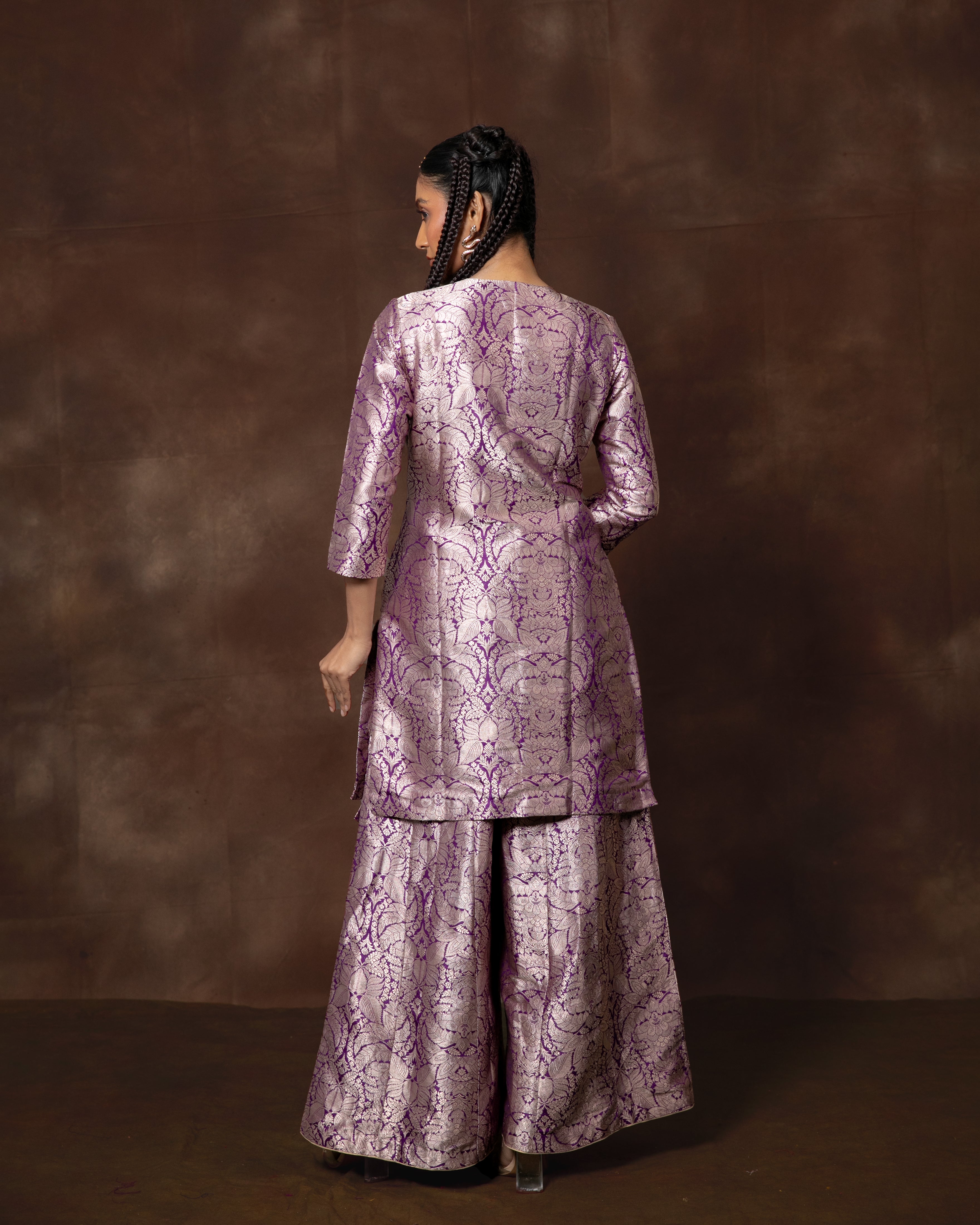 Purple Handwoven Banarasi Silk Kurta Sharara Set