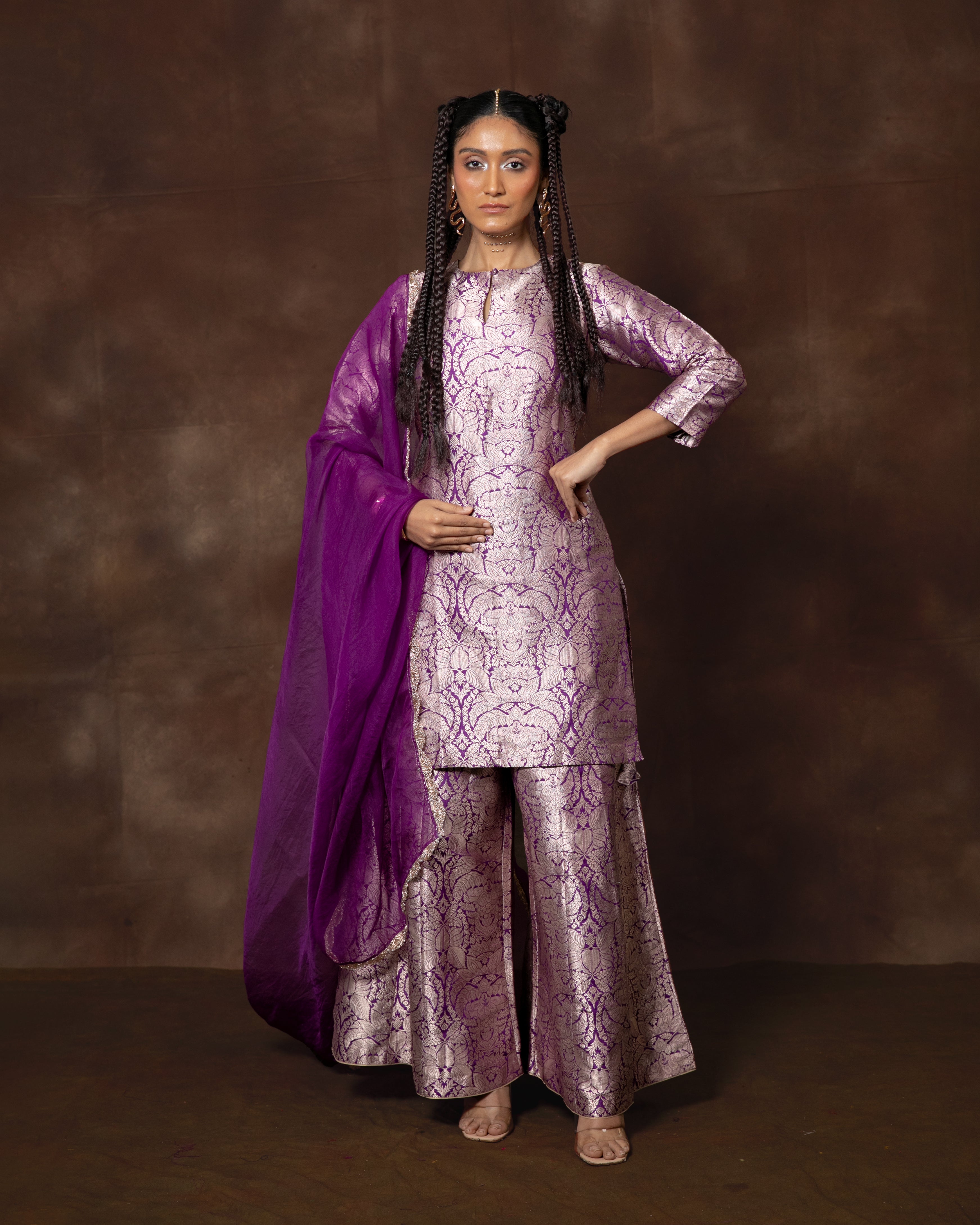 Purple Handwoven Banarasi Silk Kurta Sharara Set