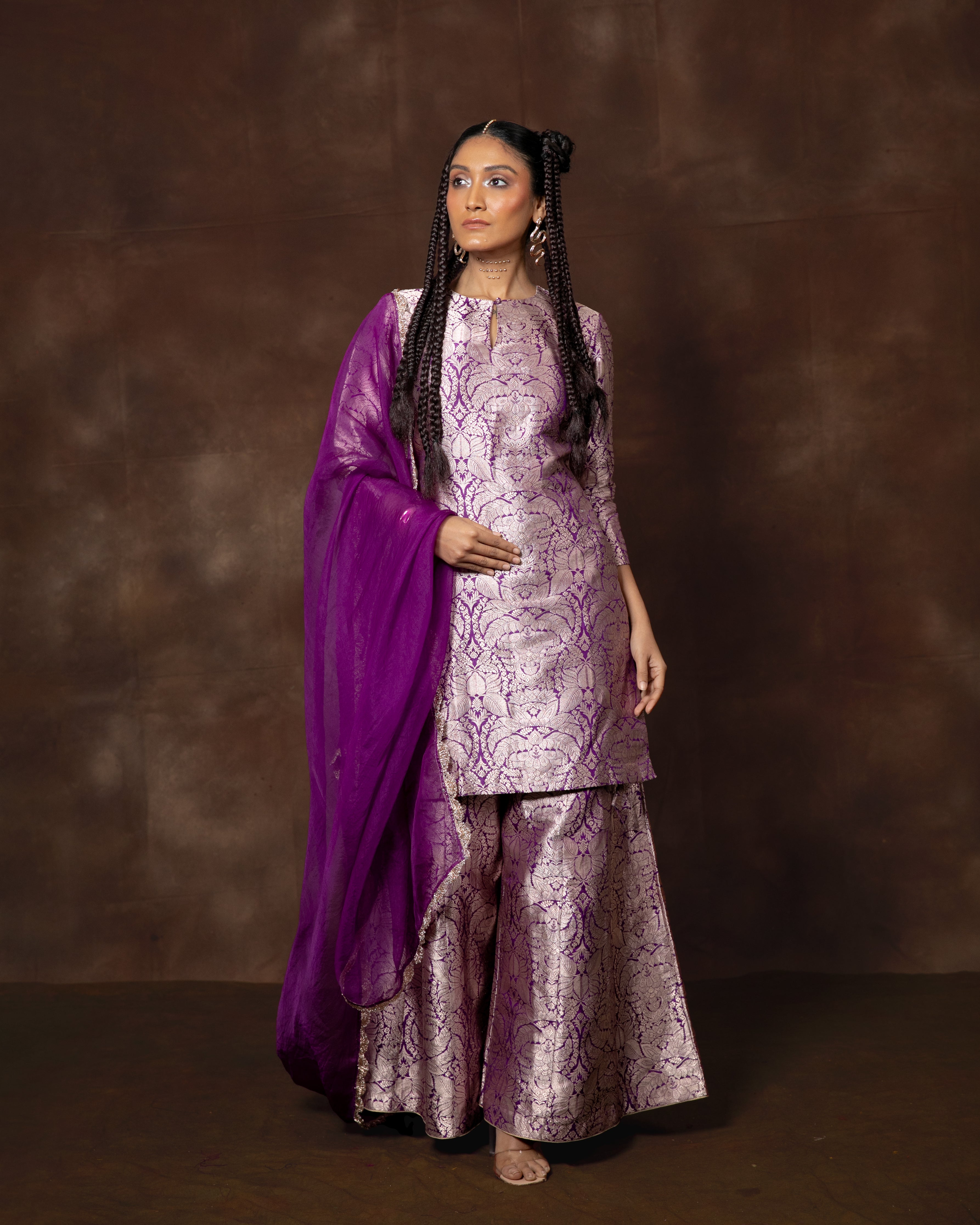 Purple Handwoven Banarasi Silk Kurta Sharara Set