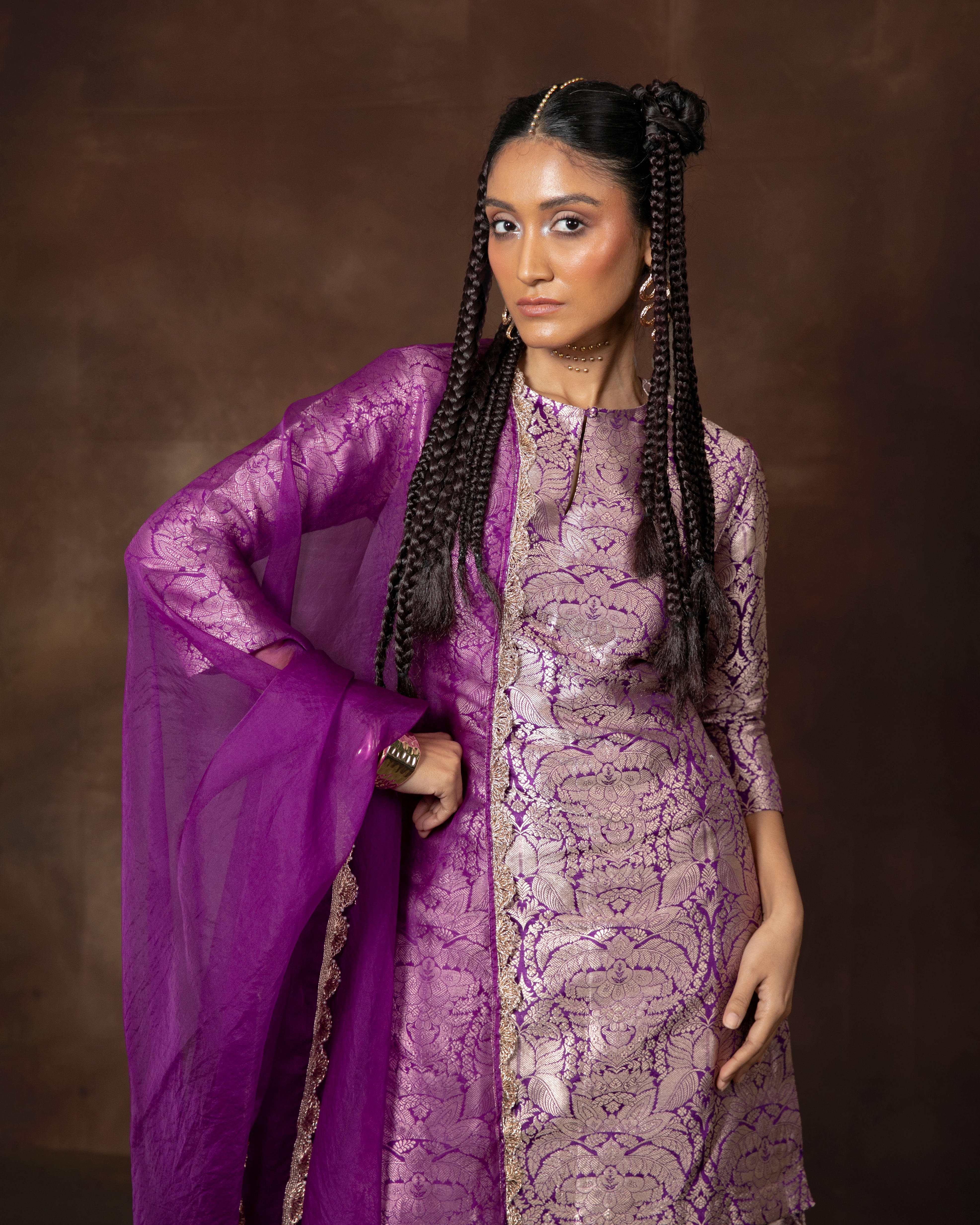 Purple Handwoven Banarasi Silk Kurta Sharara Set
