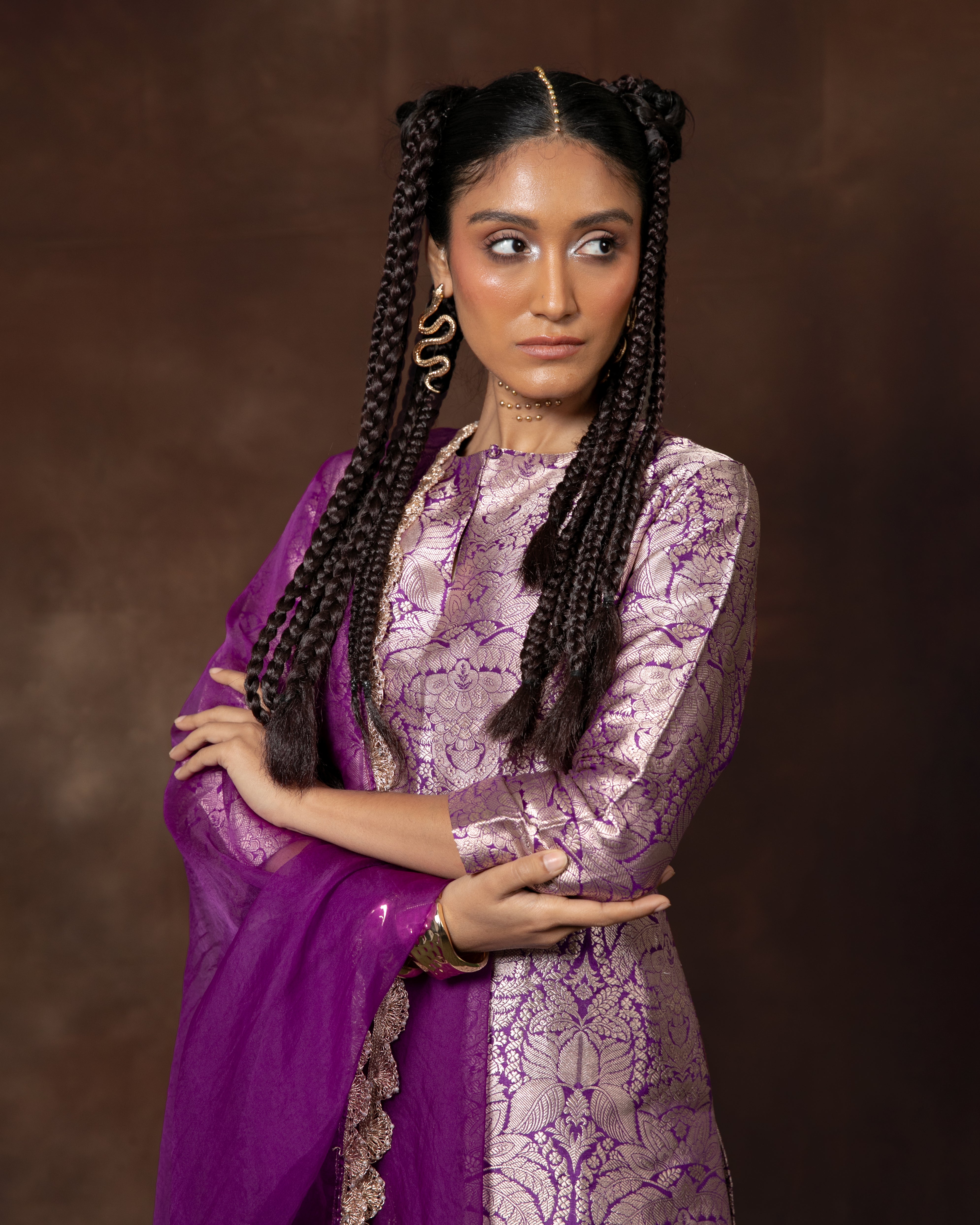 Purple Handwoven Banarasi Silk Kurta Sharara Set