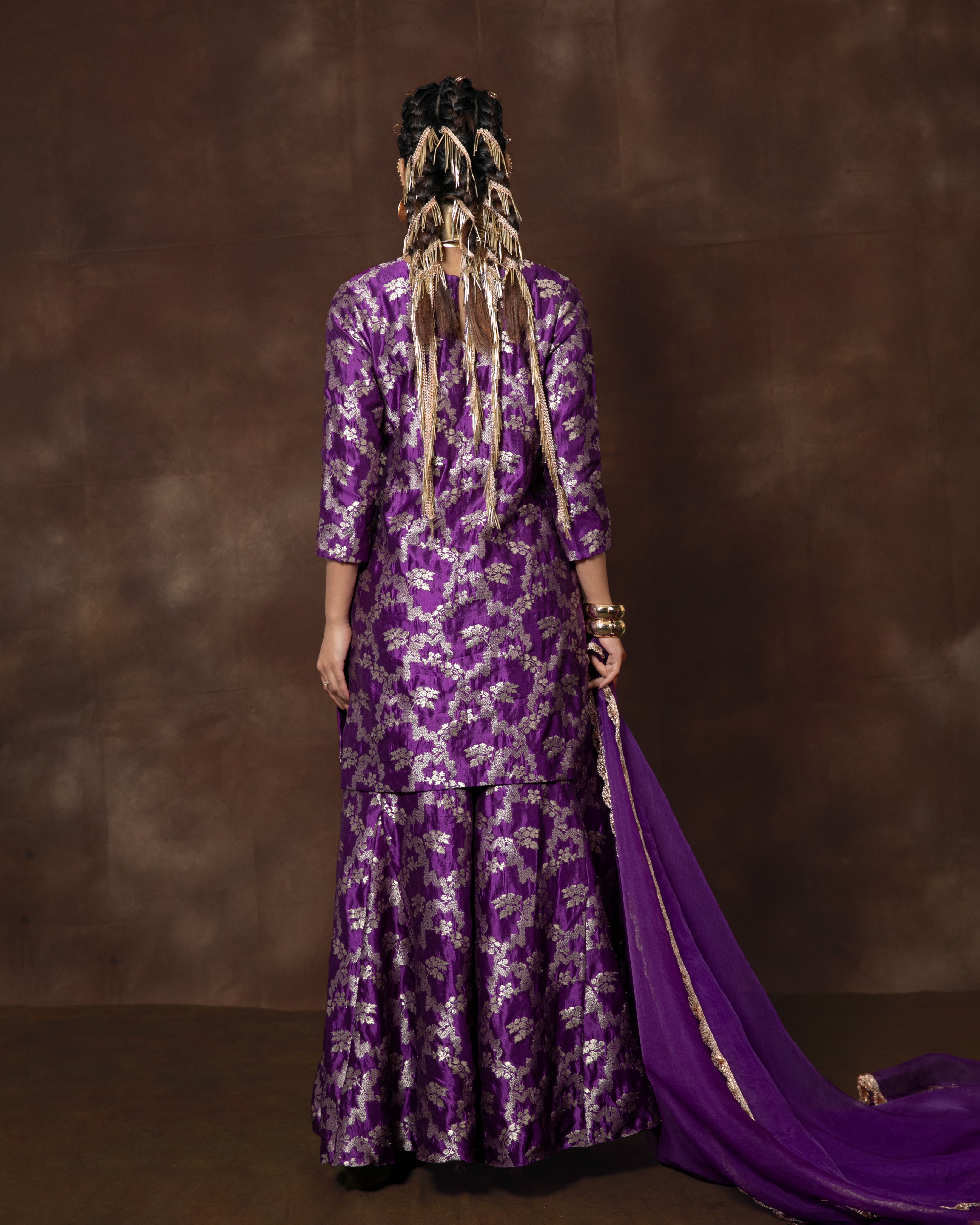 Purple Handwoven Banarasi Summer Silk Kurta Sharara Set