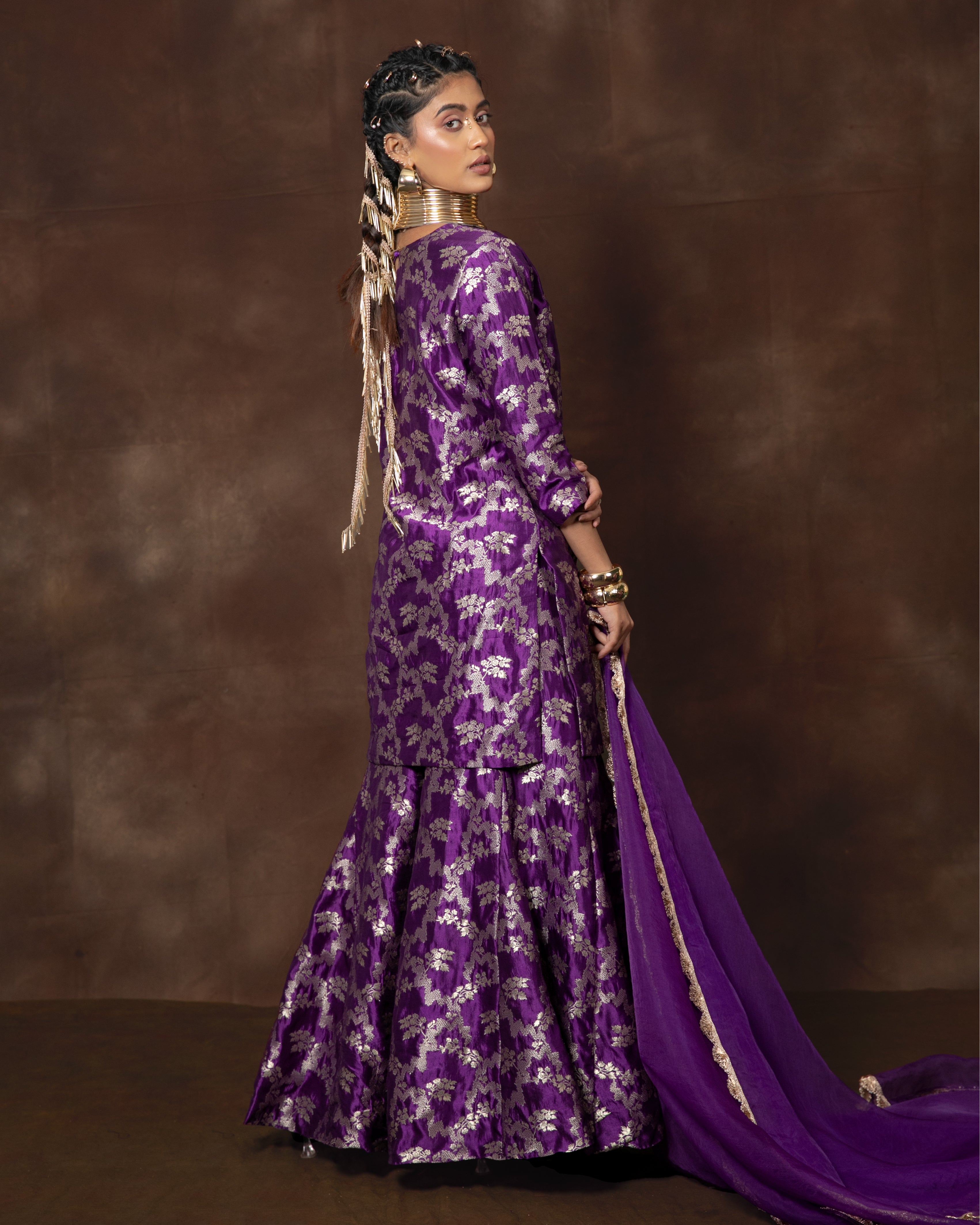 Purple Handwoven Banarasi Summer Silk Kurta Sharara Set