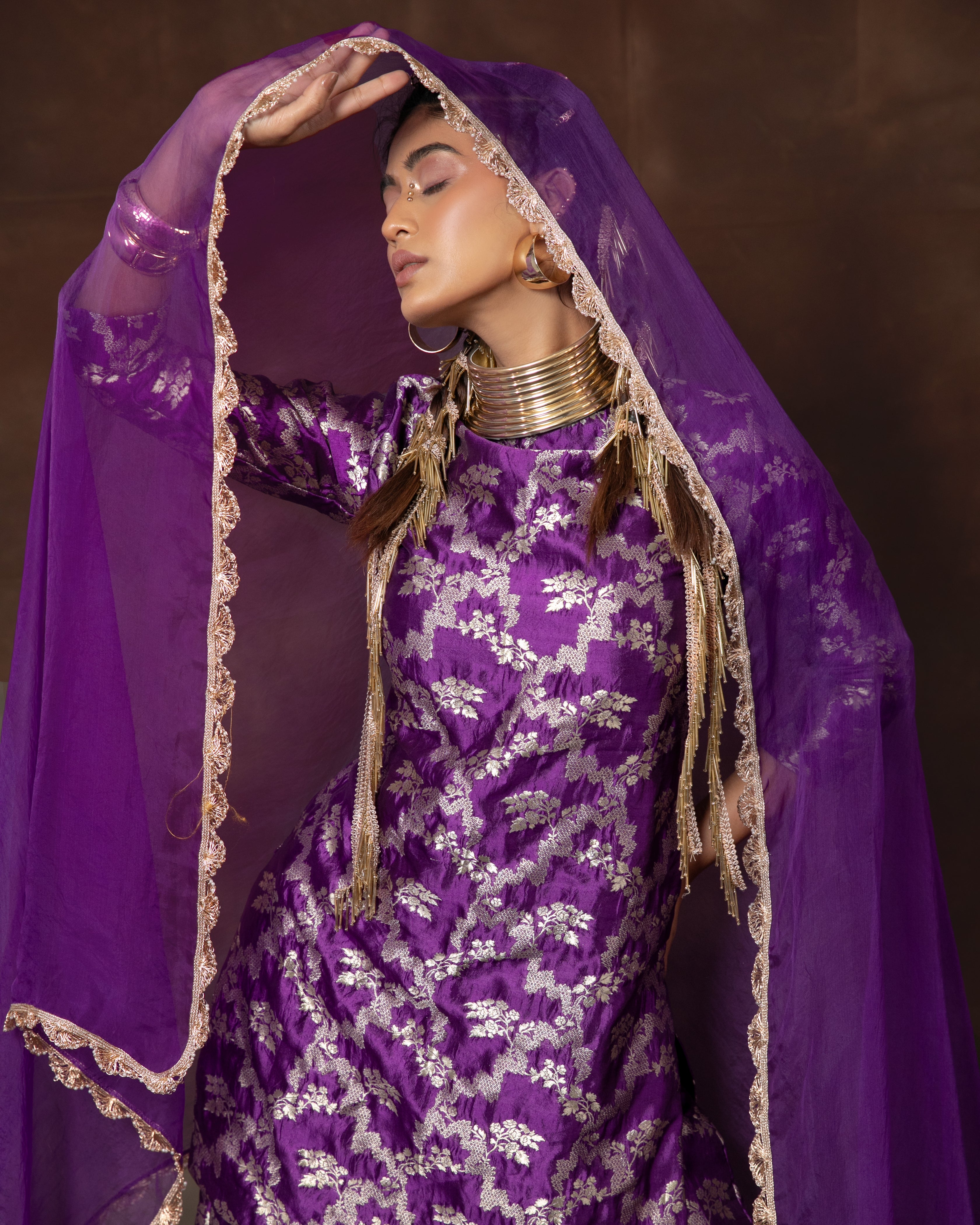 Purple Handwoven Banarasi Summer Silk Kurta Sharara Set